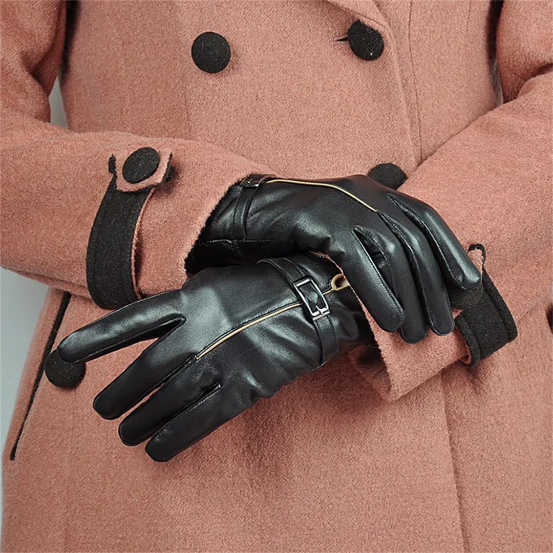 Guantes de cuero de invierno para mujer, piel de oveja cálida, color sólido, guantes de fiesta para mujer