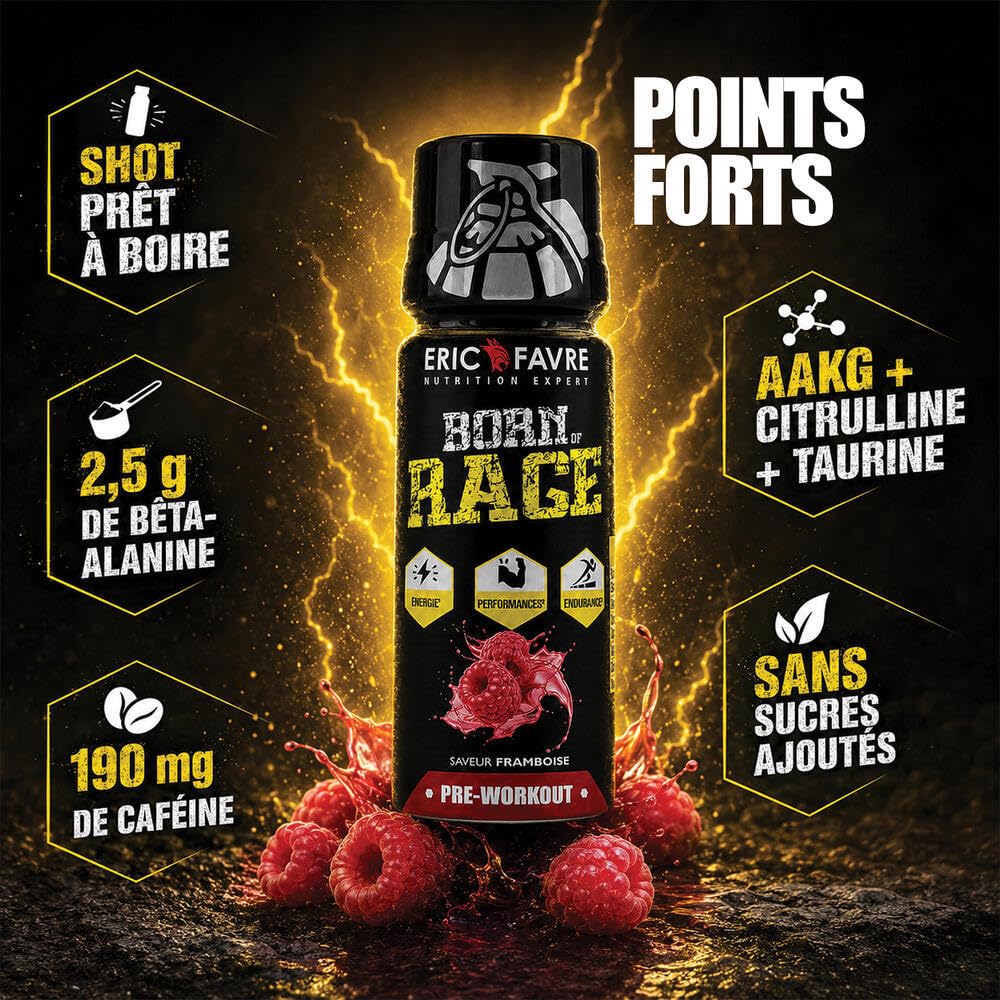 BORN OF RAGE SHOT PREWORKOUT - Énergie Instantanée - Booster Musculaire - Caféine Haute Teneur - Endurance & Performance - Display 12x50ml - Saveur Citron - Eric Favre