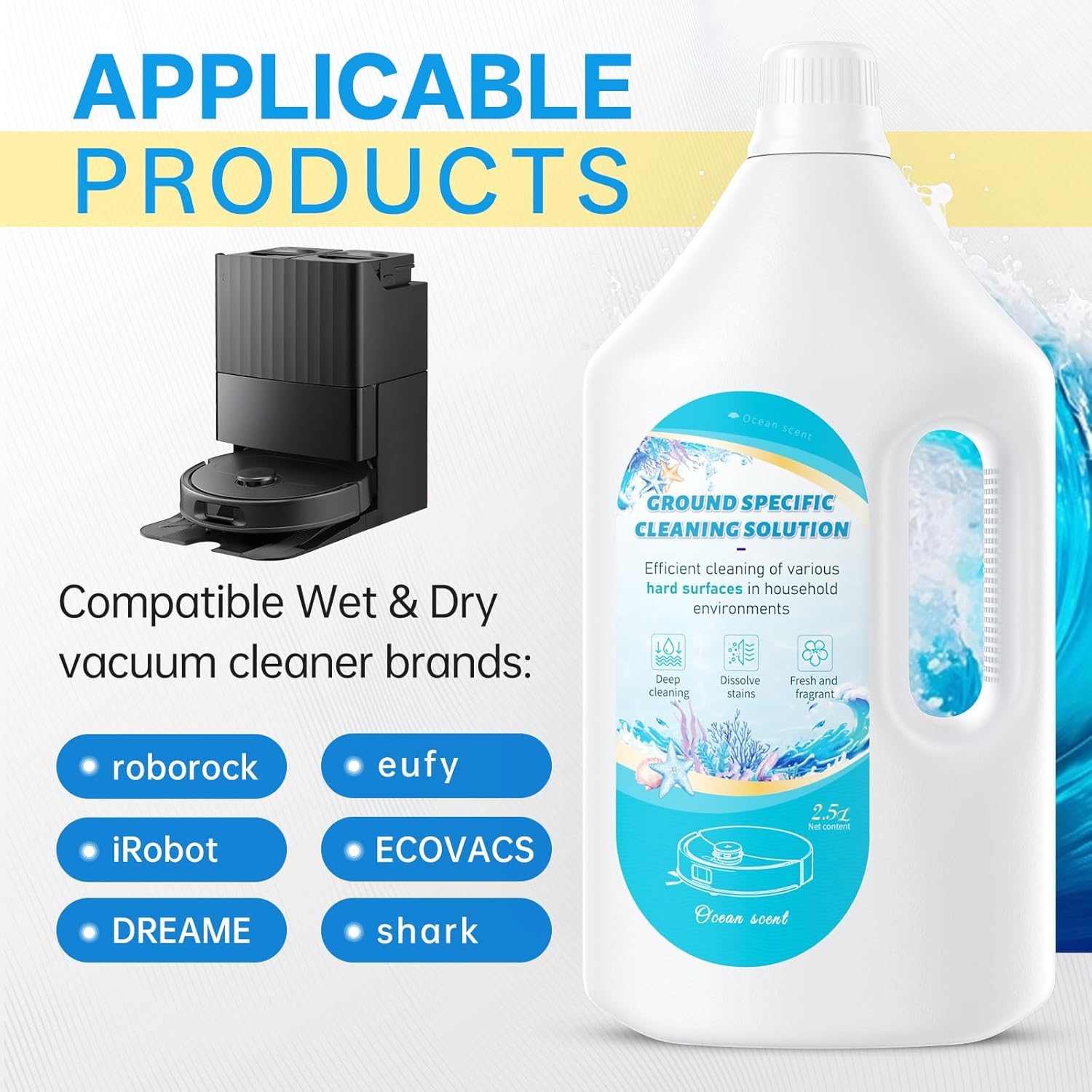 2.5L Floor Cleaning Solution Compatible with Roborock/Eufy/iRobot/Ecovacs/Dreame/Shark, Fragrance Deodorization, Deep Cleans for Multiple Hard Floors (2.5 Liter, 【Fresh Ocean】)