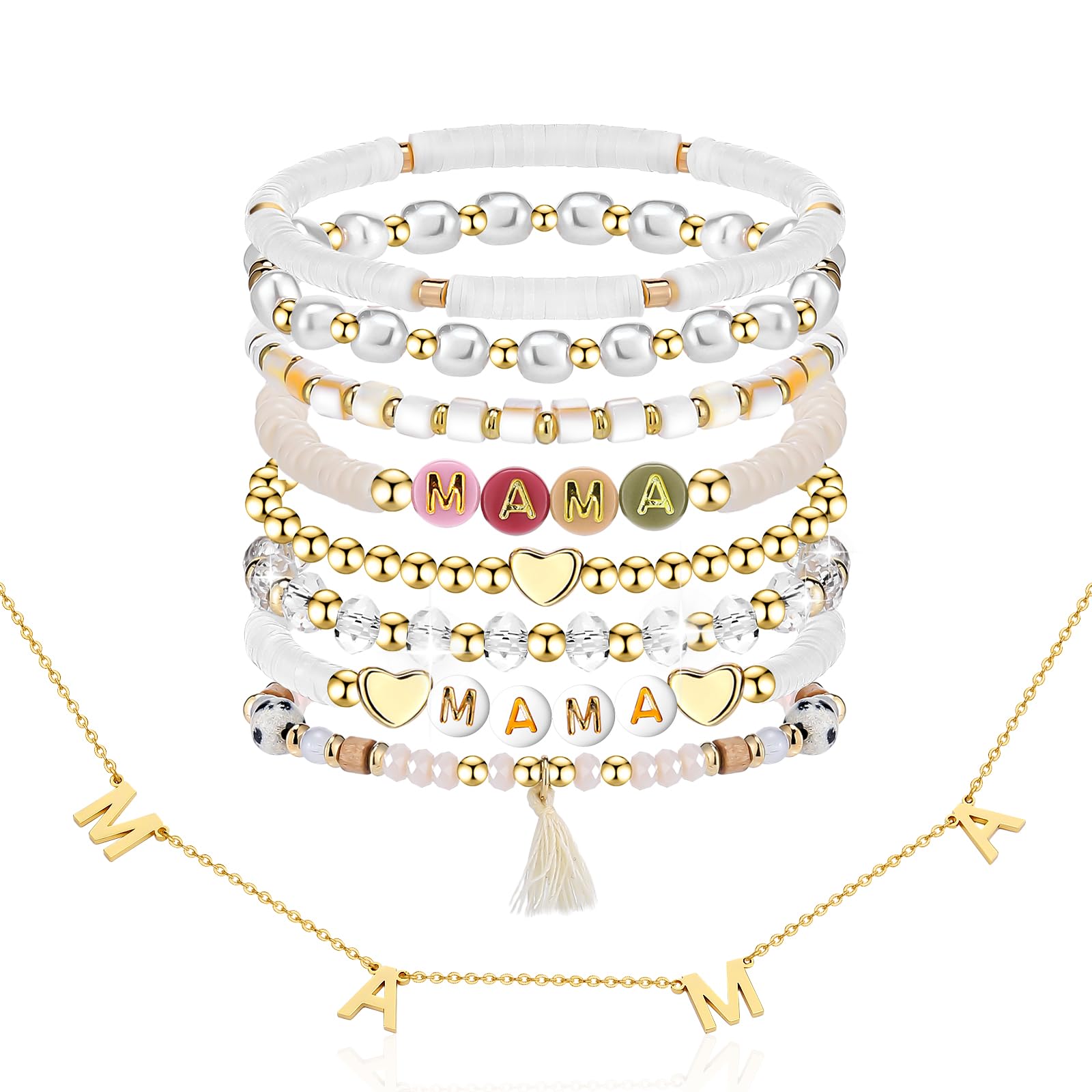 Ecation9 Pack MAMA Bracelets Necklace Set Dainty Gold Necklace Stackable Crystal Beaded Bracelets Set Stretch Bracelets Dipped Necklaces Jewelry for Women for Mom Grandma Gifts