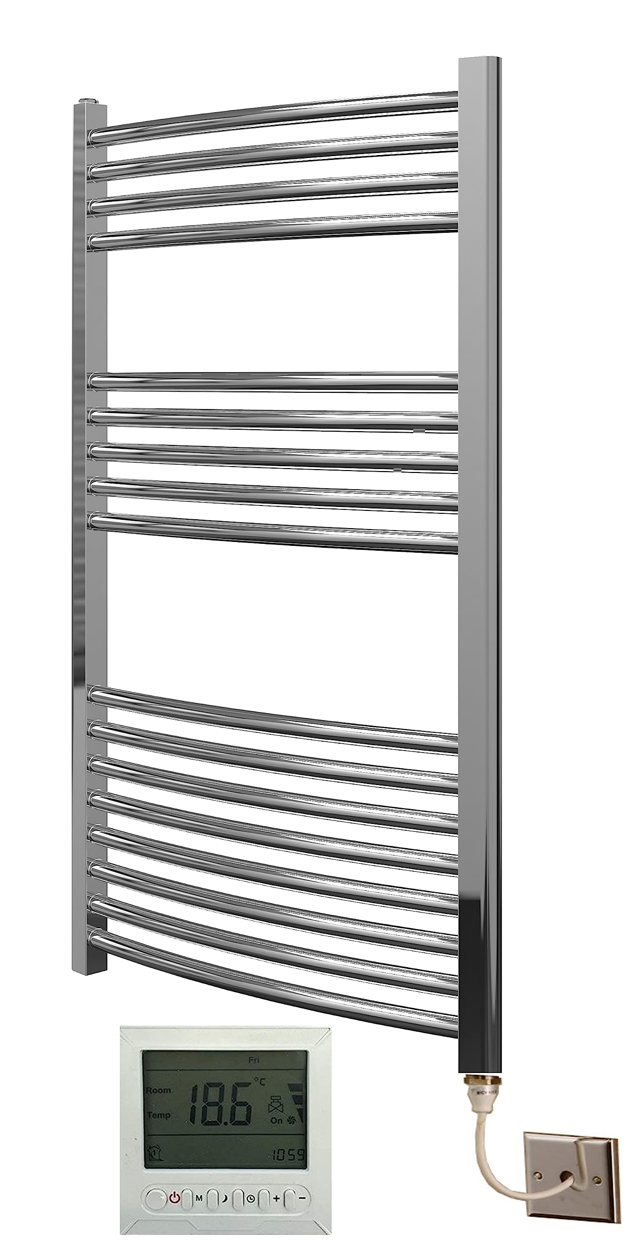 Greened House Electric Chrome 600W X 1000H Curved Towel Rail + Timer And Room Thermostat Bathroom Towel Rails 718598032418