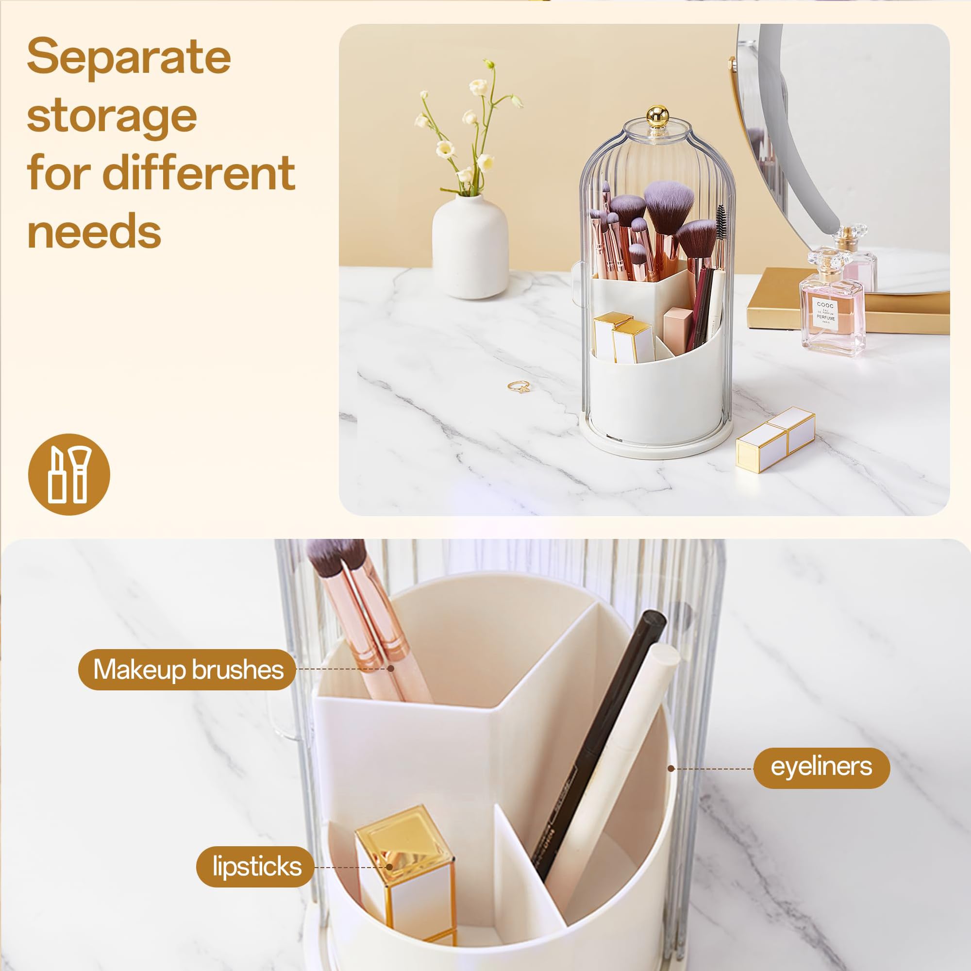 STORICANS Makeup Brush Holder Rotating Organiser with Clear Lid,Sliding Opening Dustproof Makeup Brush Case Make up Organizer Storage for Dressing Table Organiser,Vanity,White - Image 3
