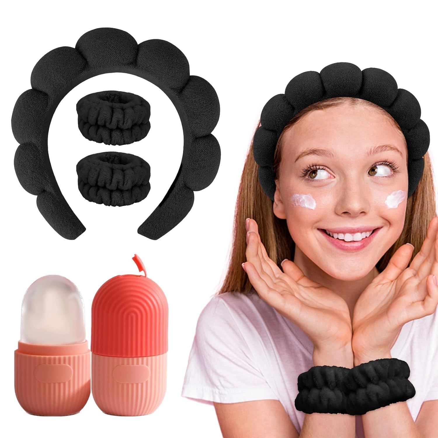 Spa Headband & Ice Cube Roller Massager for Face, Eyes and Neck, Makeup Headband, Bow Headband for Washing Face, Teen Girls Fuzzy Skincare Headbands, Skincare Headbands, Hair Bands for Women-image-18