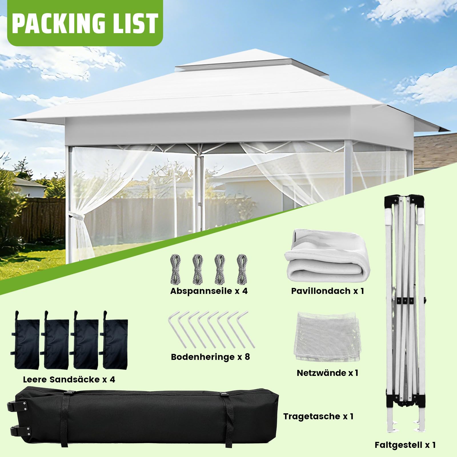 4x4m Pop-Up Pavillon,Faltpavillon mit Moskitonetz,Rollen Tragetasche,Weiß | Gartenpavillon Faltbar mit Sandsäcke Stabil,Wasserdicht,UV Schutz 50+,Belüftetes,Partyzelt für Garten Party Festival