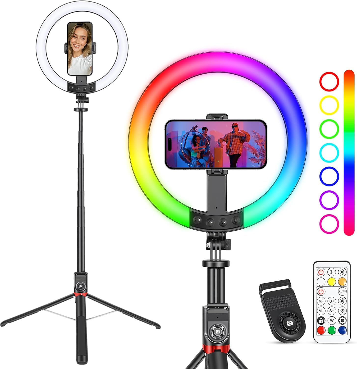10″ Ring Light with Stand 90” Tall for iPhone & Android, RGB Full Color Modes Selfie Light with Extendable Tripod Stand, Phone Holder, Remote for YouTube, Makeup,TIKTok, Vlogging