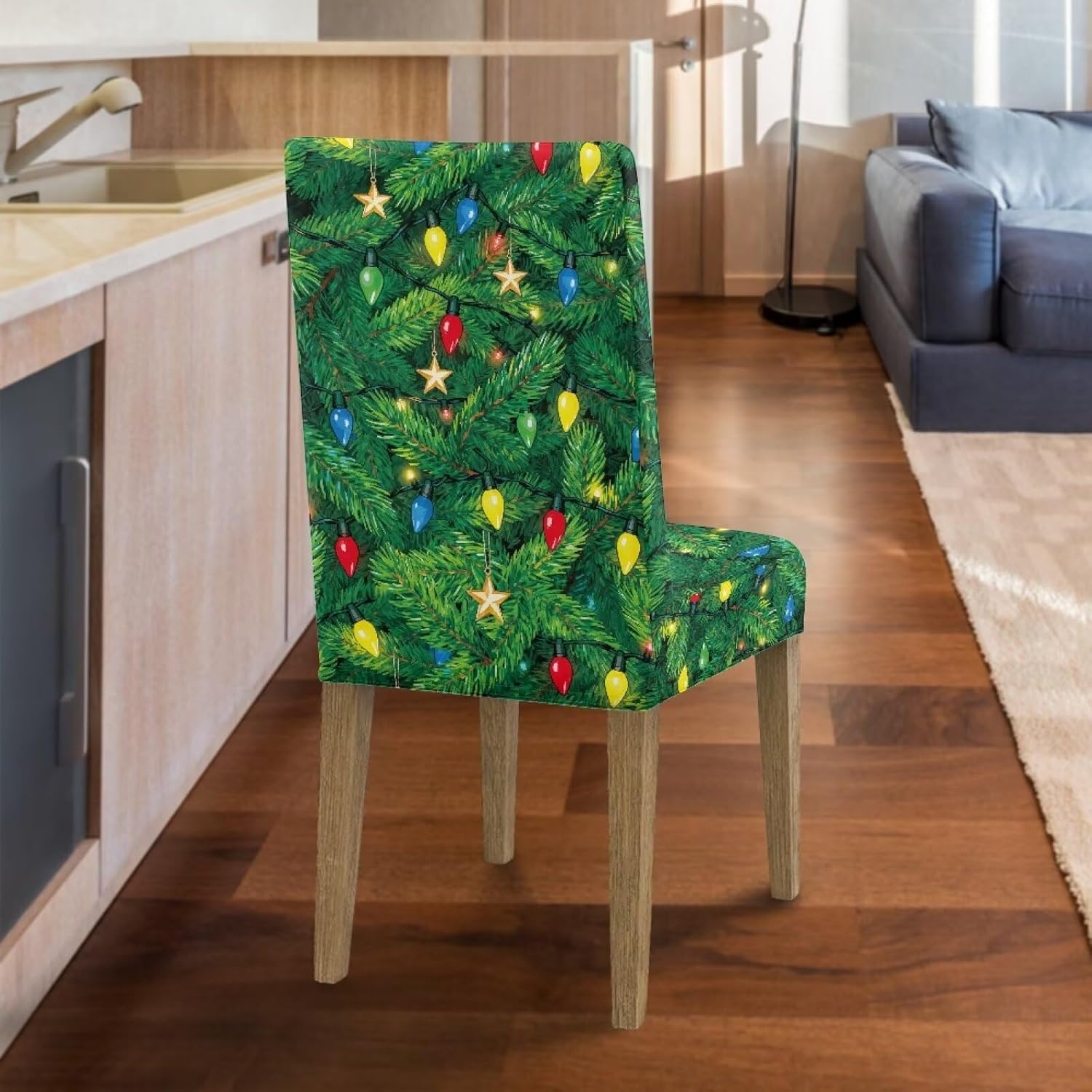Wanyint Parsons Chair Covers Set of 6 Stretch Universal Fit Washable Seat Protector Pet Friendly Dining Room Chair Slipcovers for Dining Room Home Restaurant Hotel, Christmas Tree Fairy Lights Star