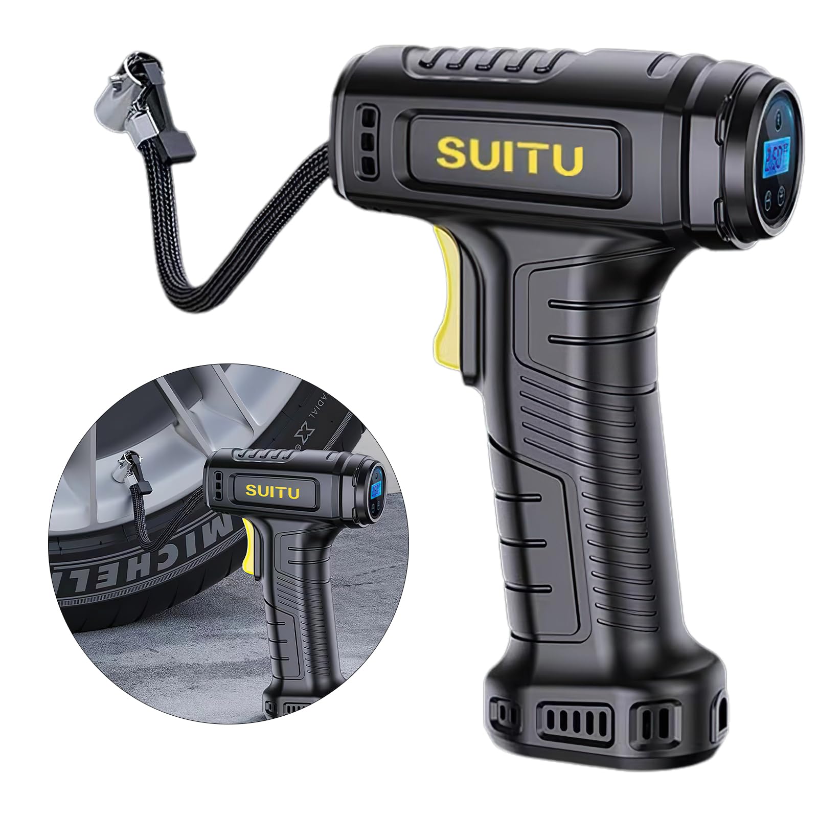 12V Heavy Duty Car Tyre Inflator, Portable Air Compressor with ABS Housing, Night lighting, 2 Nozzles & Safety Fuse, Fast Automatic inflation for Cars Bikes Motorcycles Sports Balls