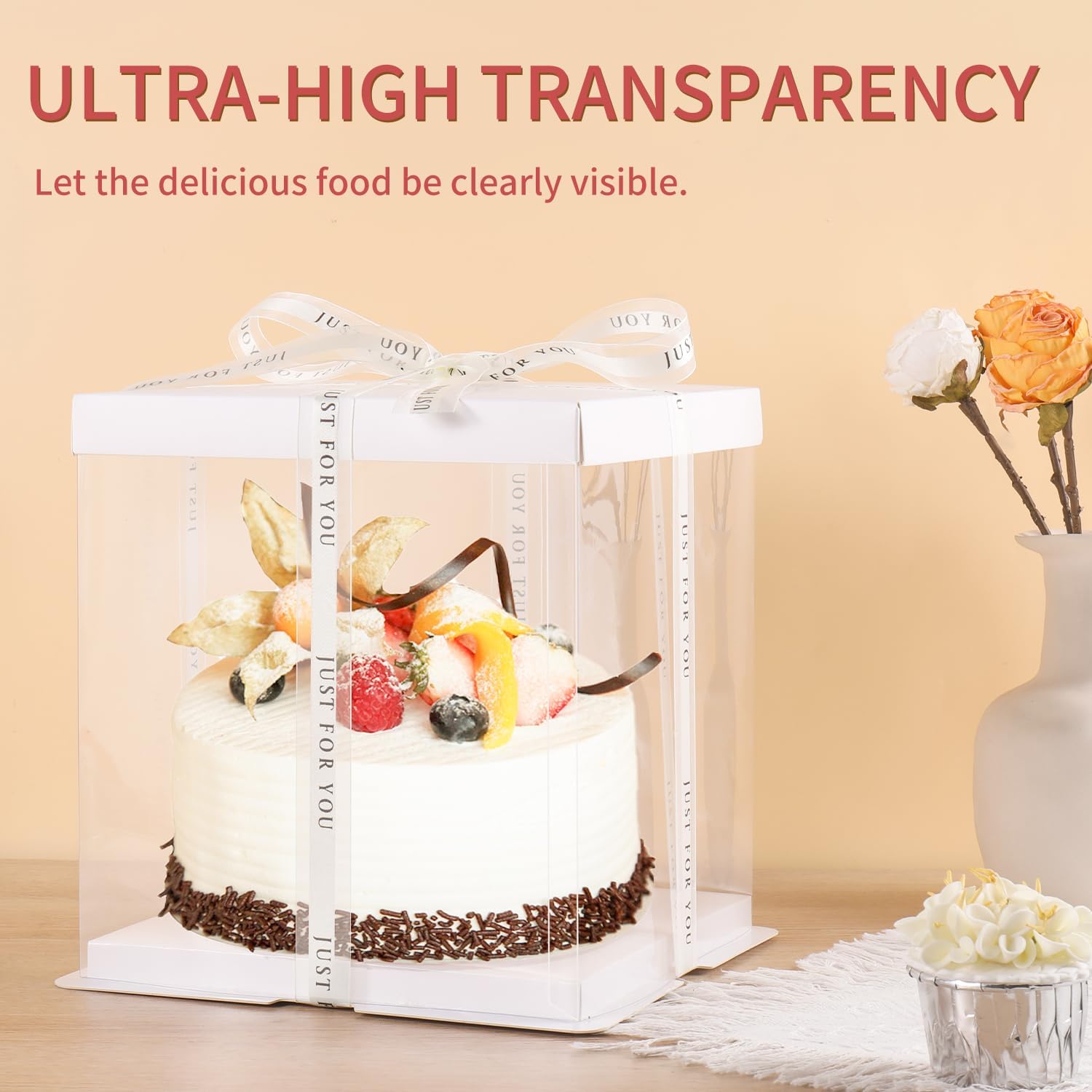 JCD 6 Pcs 2-Layer Tall Cake Packaging Boxes,8x8x9in Clear Cake Box with Ribbon,PET Cake Carrier Transport Container for Tiered Cake (White Lid, 8 * 8 * 9inch/6Pcs) thumbnail