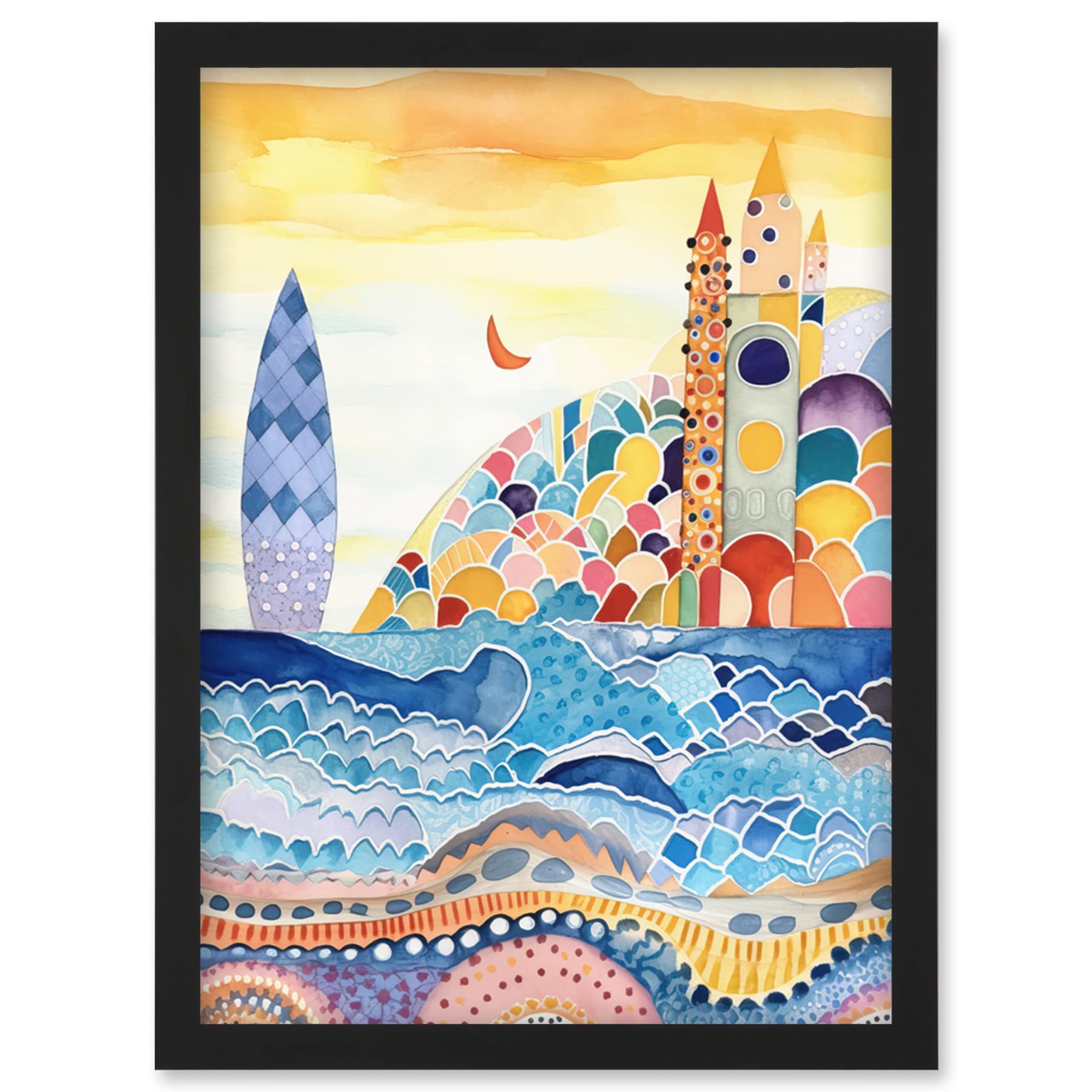 Artery8 Abstract Seascape Waves On Beach Folk Art Bathroom Artwork Framed Wall Art Print A4