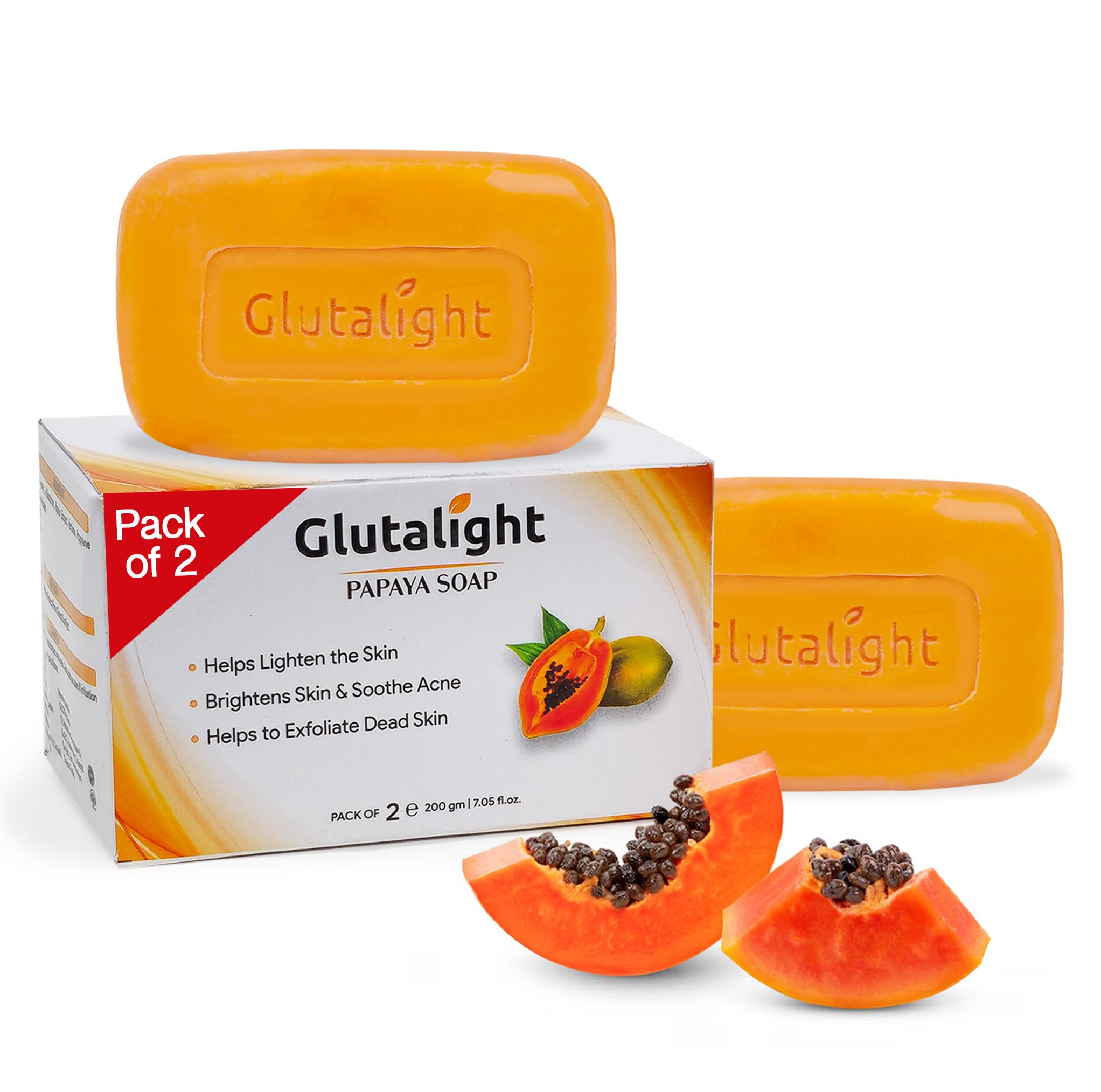 Glutalight Papaya Soap | Glutathione & Papaya Extract | Body Tan Removal Soap | Fades Pigmentation & Dark Spots | Exfoliate Dead Skin Cells | Bathing Soap for Face & Body | Soap For Bath - Pack of 2
