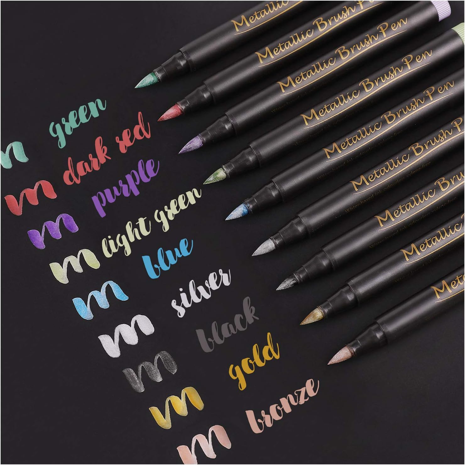 Dyvicl Metallic Brush Marker Pens - Metallic Pens Art Markers for Calligraphy, Brush Lettering, Black Paper, Rock Painting, Card Making, Scrapbooking, Fabric, Metal, Ceramics, Wine Glass, Set of 9