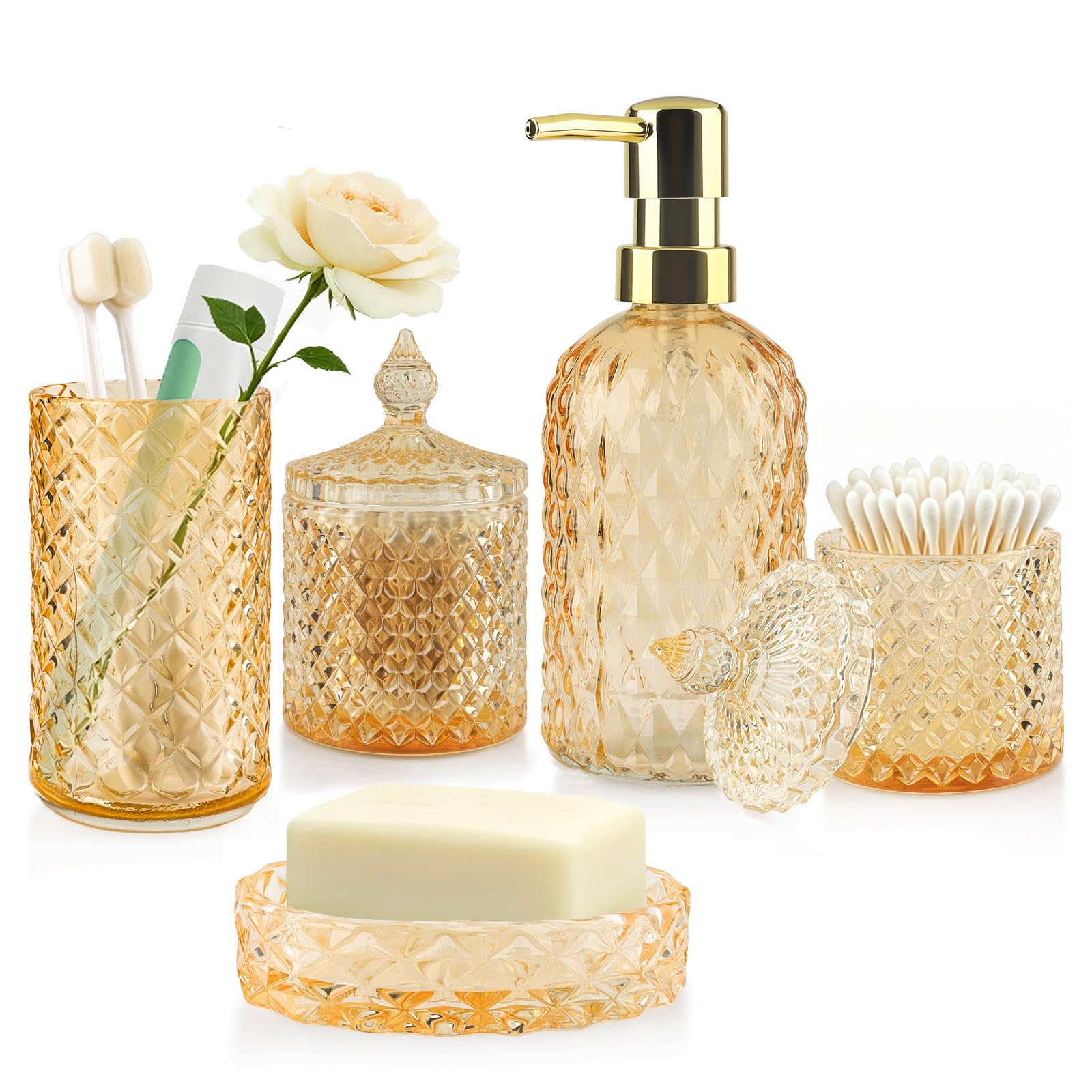 Set di 5 accessori da bagno in vetro dorato, dispenser di sapone con portasapone, portaspazzolino, contenitore di cotone, bicchiere, decorazione moderna per il bagno