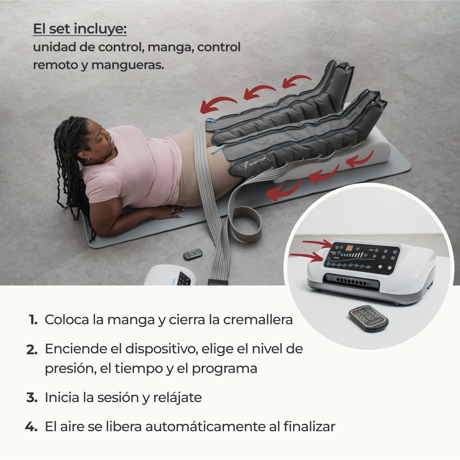 Venen Engel ® 8 Premium Masajeador por presoterapia para casa de piernas con botas con 8 cámaras de aire - masajeador por presoterapia con 6 programas