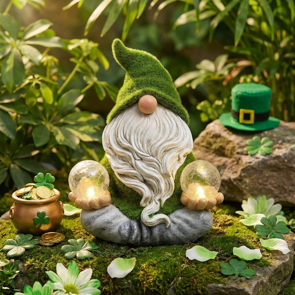 TERESA'S COLLECTIONS Garden Gnomes Decor with Solar Lights, St Patricks Decorations for Outdoor Decor,Resin Flocked Zen Garden Decor Outdoor for Porch Patio, Yoga Gnome Gifts for Women and Men, 8" - Image 2