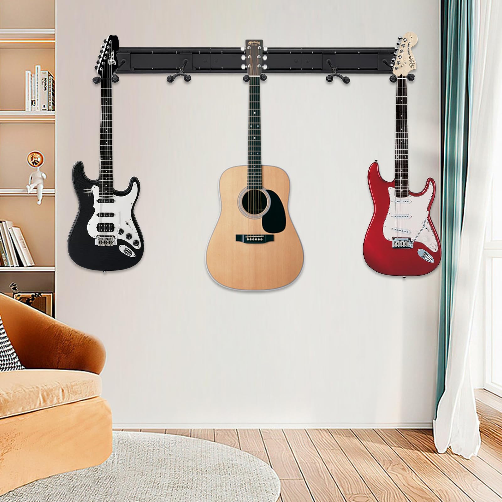 Soporte de pared para guitarra, soporte de pared, soporte para guitarra, 5 ganchos, 130 cm, para salón, estudio, sala de música