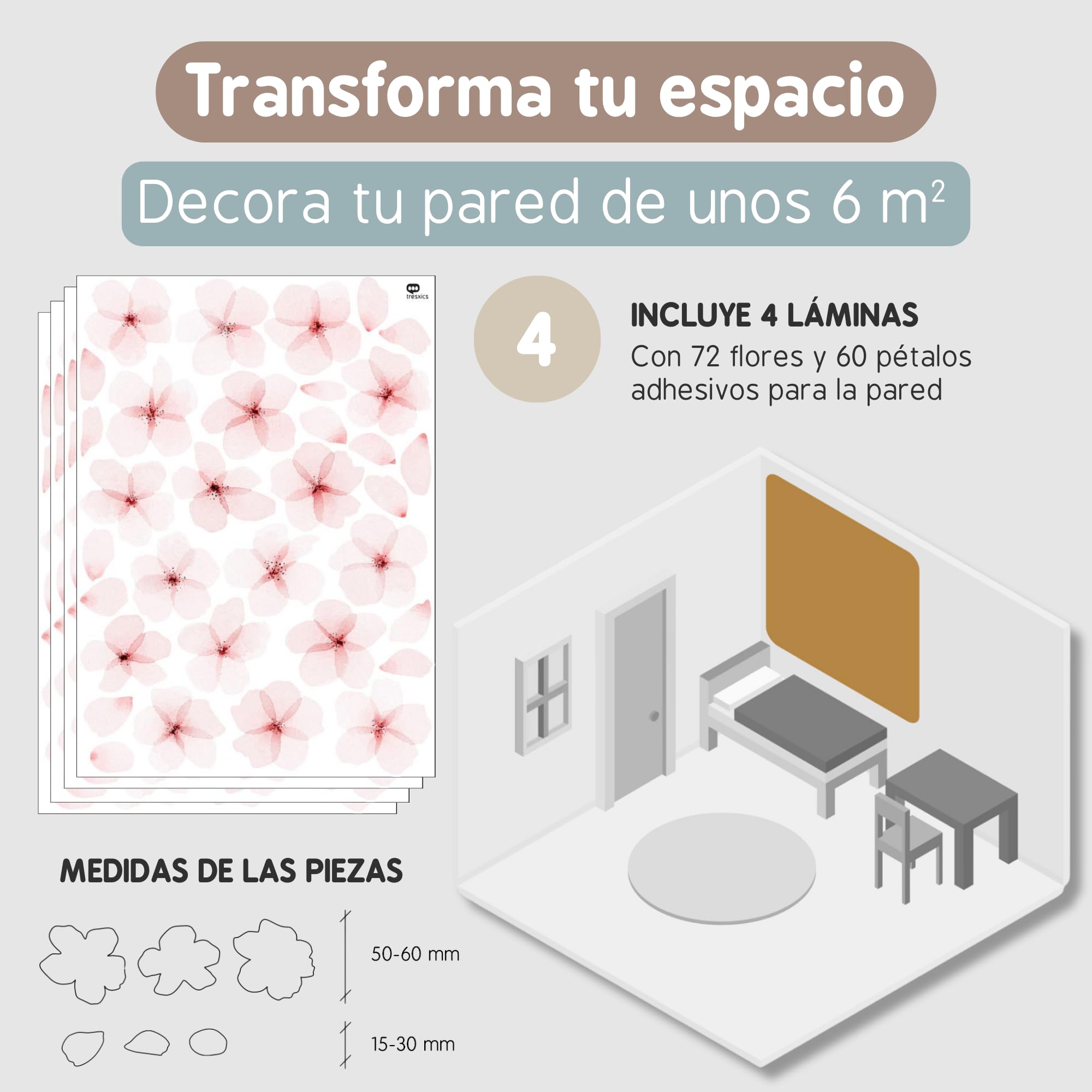 Pegatinas Pared Decorativas Flores Acuarela | 4 Láminas, 72 Flores y 60 Pétalos | Vinilo Adhesivo Pared | Efecto Papel Pintado | Cubre 6 m² | TRESXICS (Rosa)