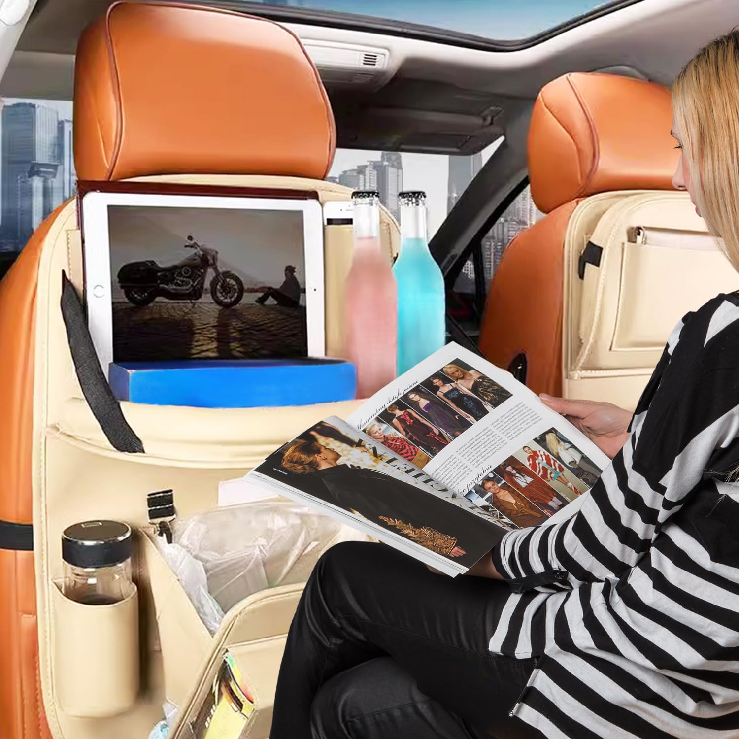 Autositz Organizer Rückenlehnenschutz, Auto Rücksitz Organizer Kinder, Kunstleder Beige Anti-Kick Multifunktional Wasserdicht, mit Klapptisch Tablet Fach, 8 Taschen