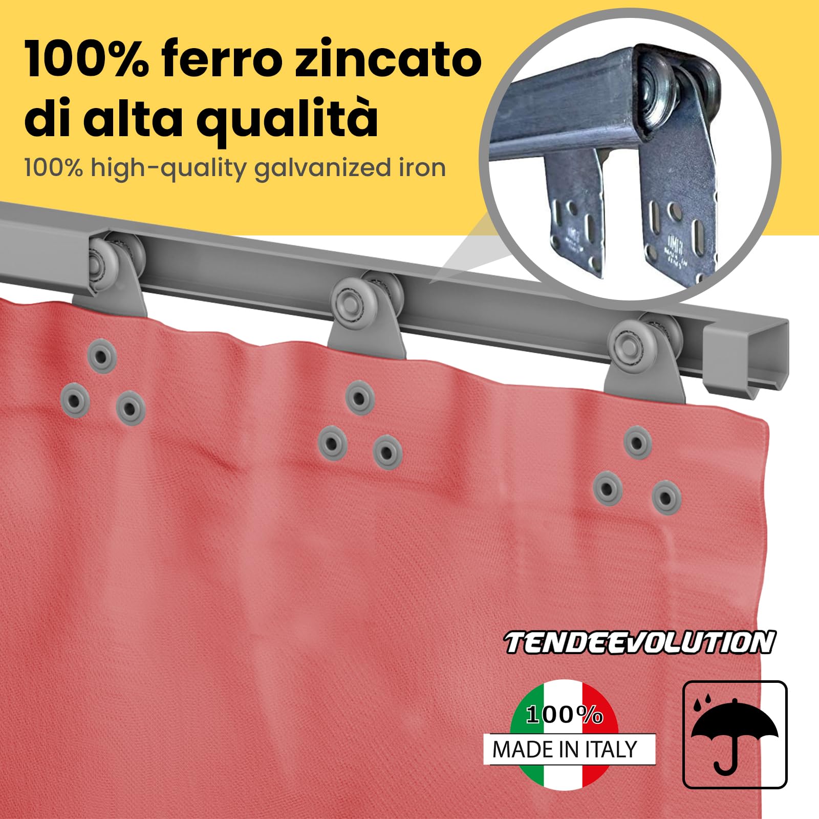 Binario Scorrevole Monorotaia in Ferro Zincato per Teloni, 3 x 2,95 cm Completo Scorrevoli, Personalizzabile, Sistema di Scorrimento con Binario Guida per Telo Scorrevole per Pergola (L. 200CM)