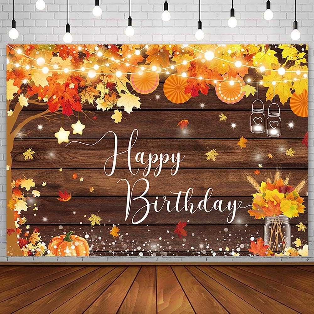 AIBIIN 8x6ft Happy Birthday Backdrop Autumn Fall Pumpkin Birthday Party Decorations Maple Leaf Rustic Wood Paper Fan Wishing Bottle Photography
