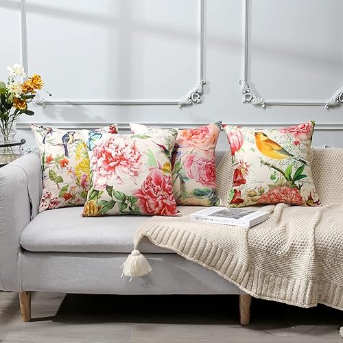 Miniatura 8 de OTOSTAR Paquete de 4 fundas de almohada impermeables para exteriores, 18 x 18 pulgadas, de lino, flores, pájaros, fundas decorativas para cojines,