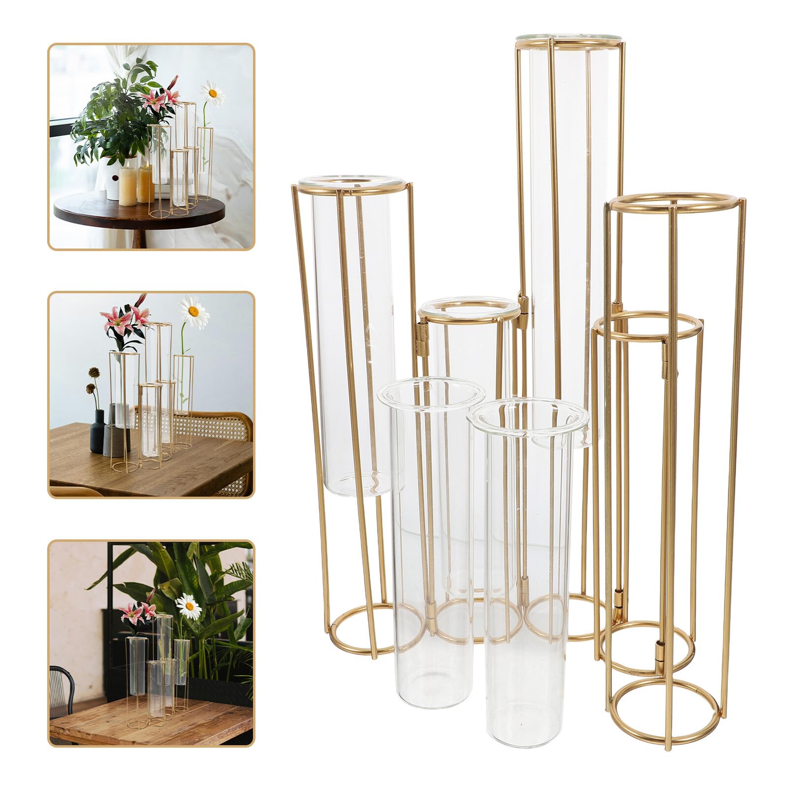 Vase Hydroponique Tubes Verre avec Support Métallique Rotatif Station de Propagation Flexible pour Fleurs et Plantes Décoratives Adapté Salon Bureau et Mariage