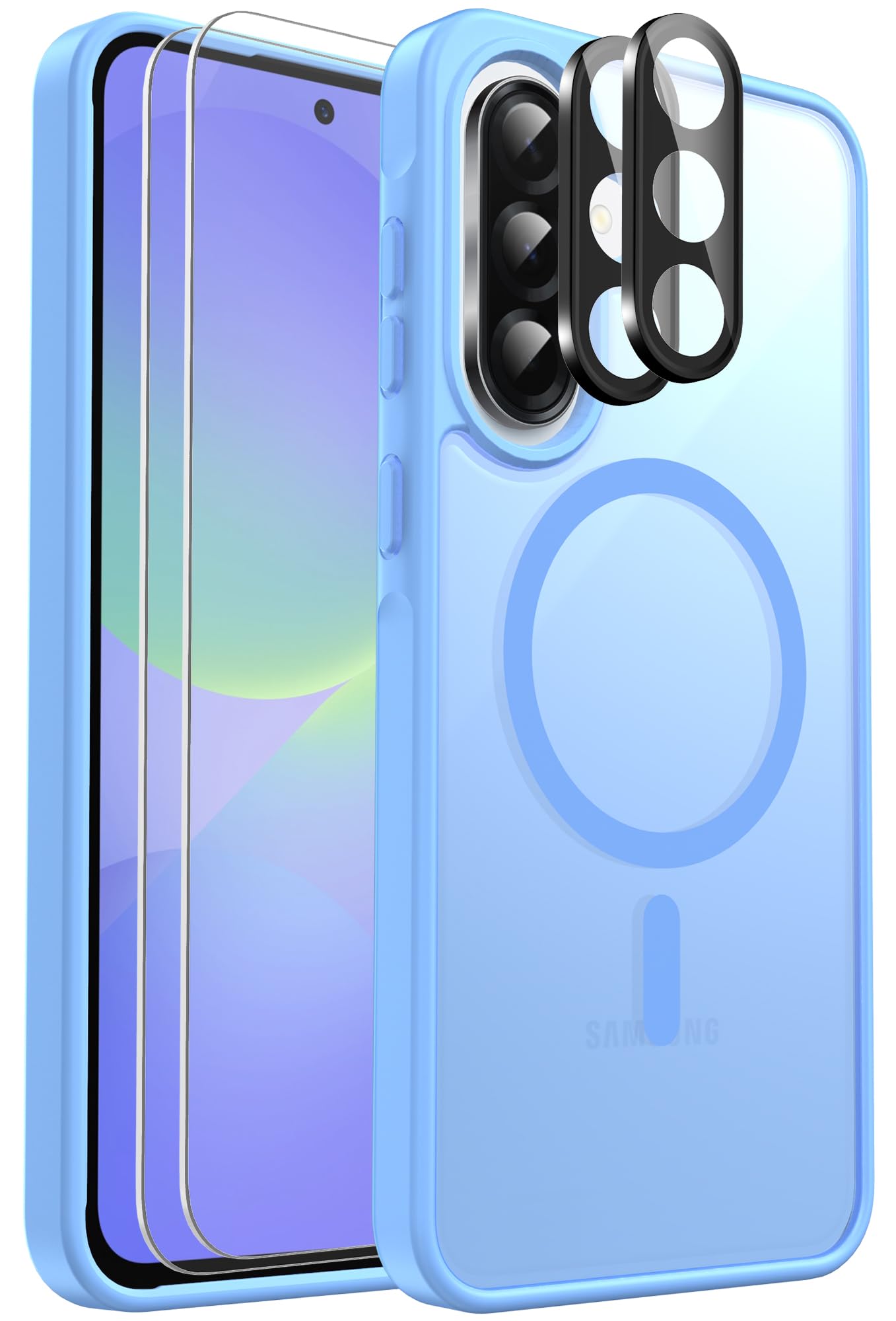 Ezanmull for Samsung Galaxy A36 5G Phone Case Magnetic Shockproof, [Fit for MagSafe] [Glass Screen Protector + Camera Lens Protector] Translucent Anti-Fingerprint (Light Blue)