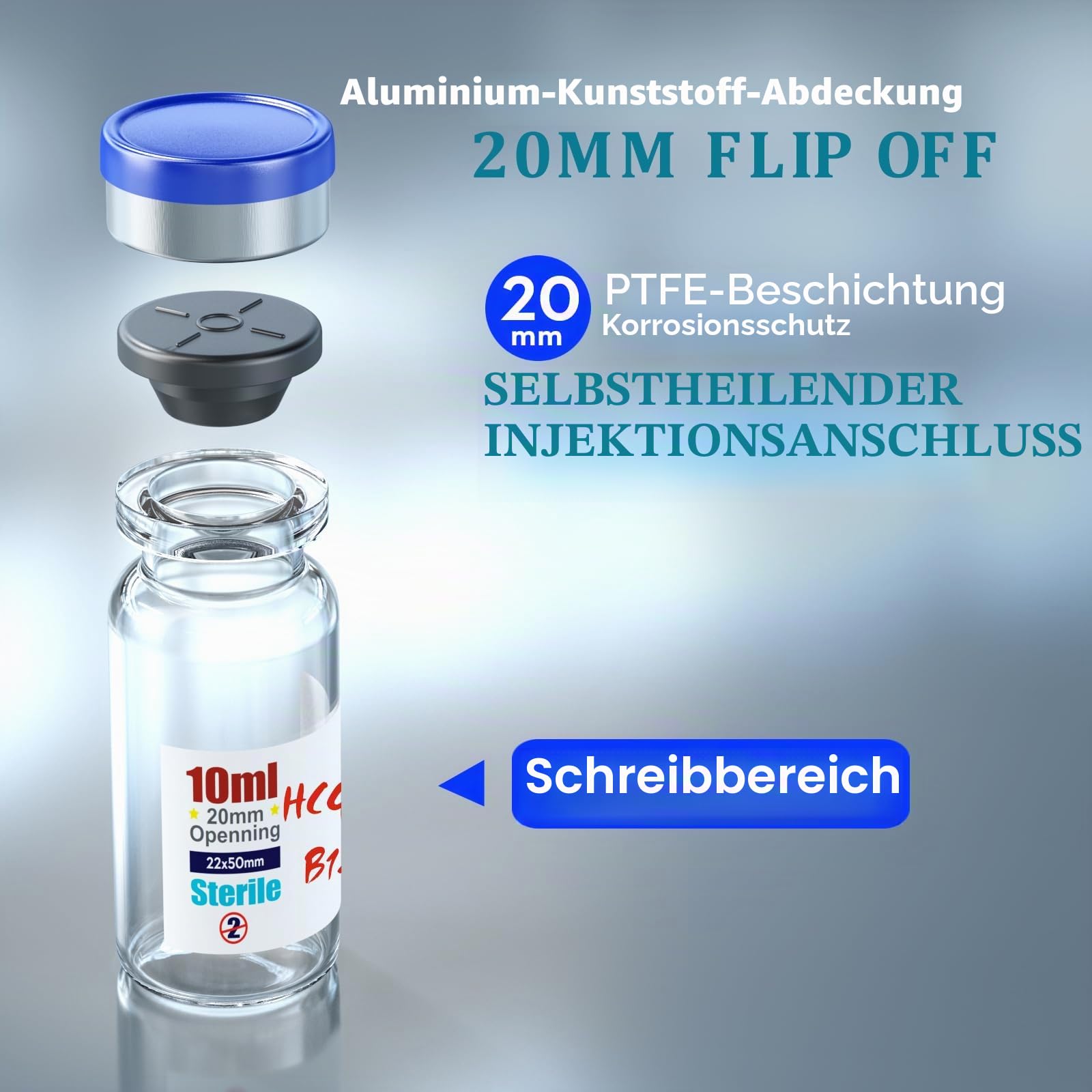 Ks-Tek Sterile leere Ampullen mit selbstheilendem Injektionsanschluss, mit abklappbarer Aluminiumkappe, sterile Verpackung (10 ml, 10 Stück)