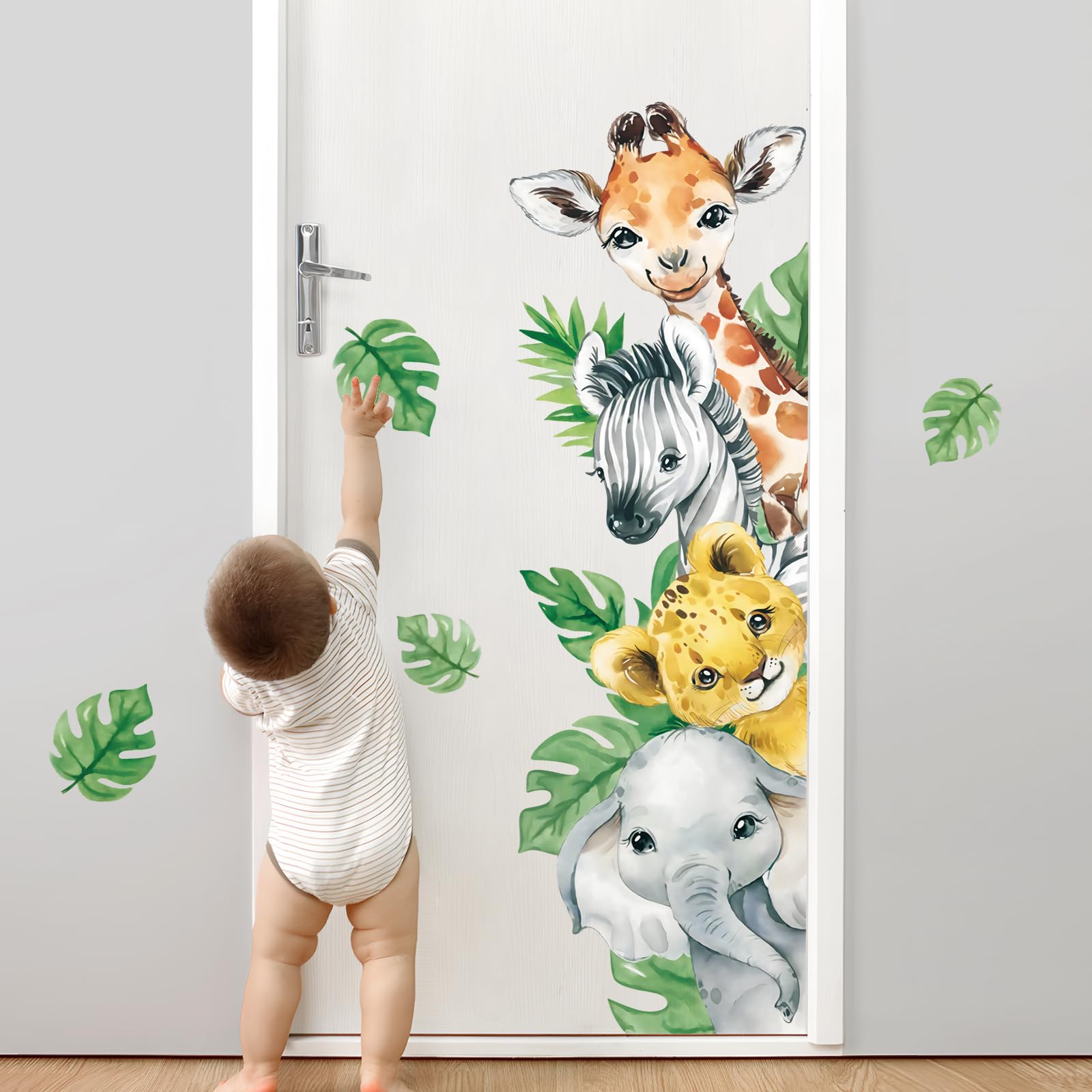 Tanlaby Adesivi Murali Animali Giungla Adesivi da Parete Animali Safari Stickers Murali Giraffa Zebra Verde Foglie Stickers Muro per Bambini Camerette Camera da Letto Asilo Nido
