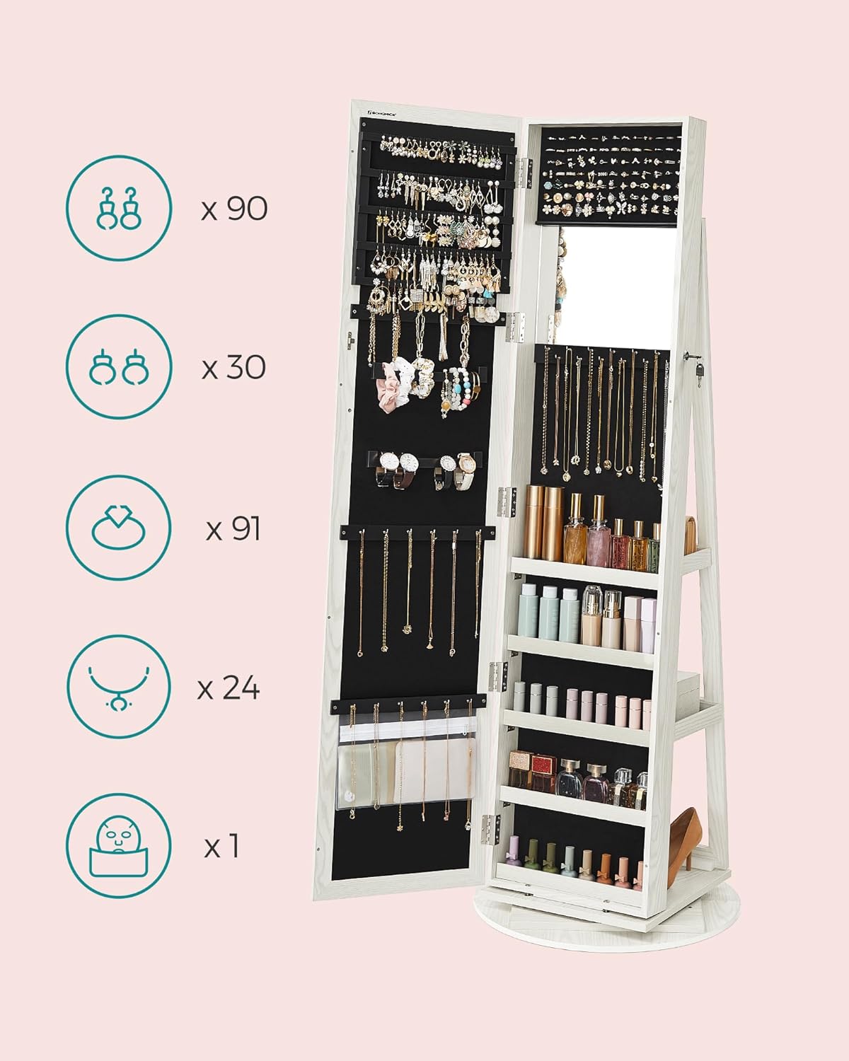 Two images demonstrating the 360-degree swivel base of the SONGMICS JBC62W Jewellery Organiser. One image shows incorrect placement off the base, and the other shows correct placement centered on the base.