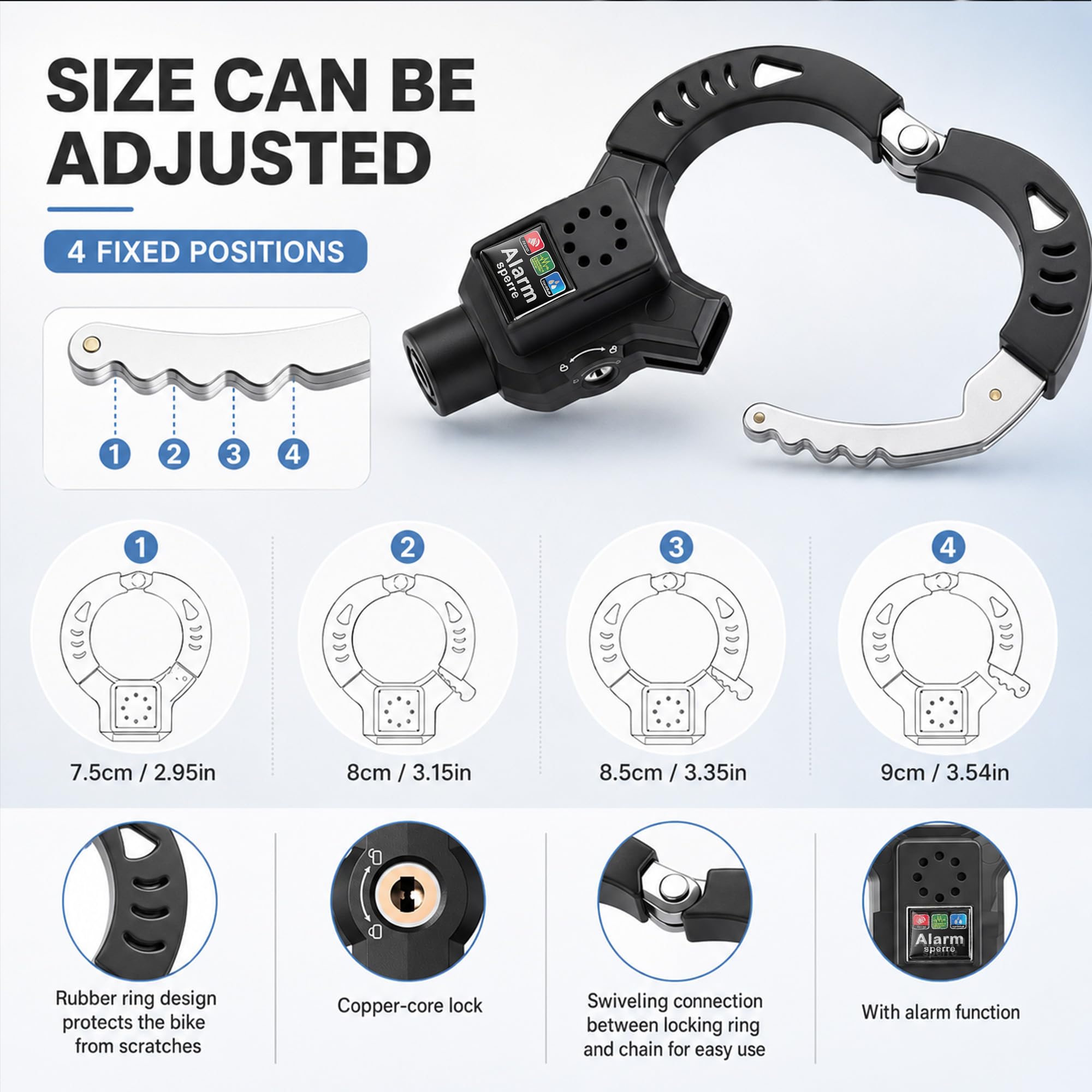 Antivol pour scooter électrique avec alarme 110 dB, menottes avec clé, chaîne de 90 cm avec poche, chaîne en acier de 8 mm, protection antivol pour scooter électrique, vélo, vélo électrique