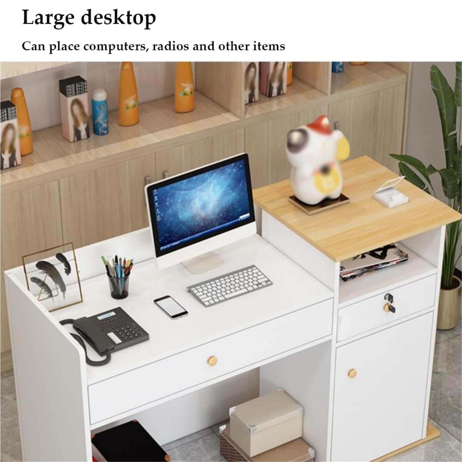 JingNian Bancone Cassa per Negozio, Banco Reception con Cassetti e Serratura, Scrivania Reception Moderna per Hotel, Abbigliamento, Sala d’Attesa e Ufficio(Warm White,100cm)