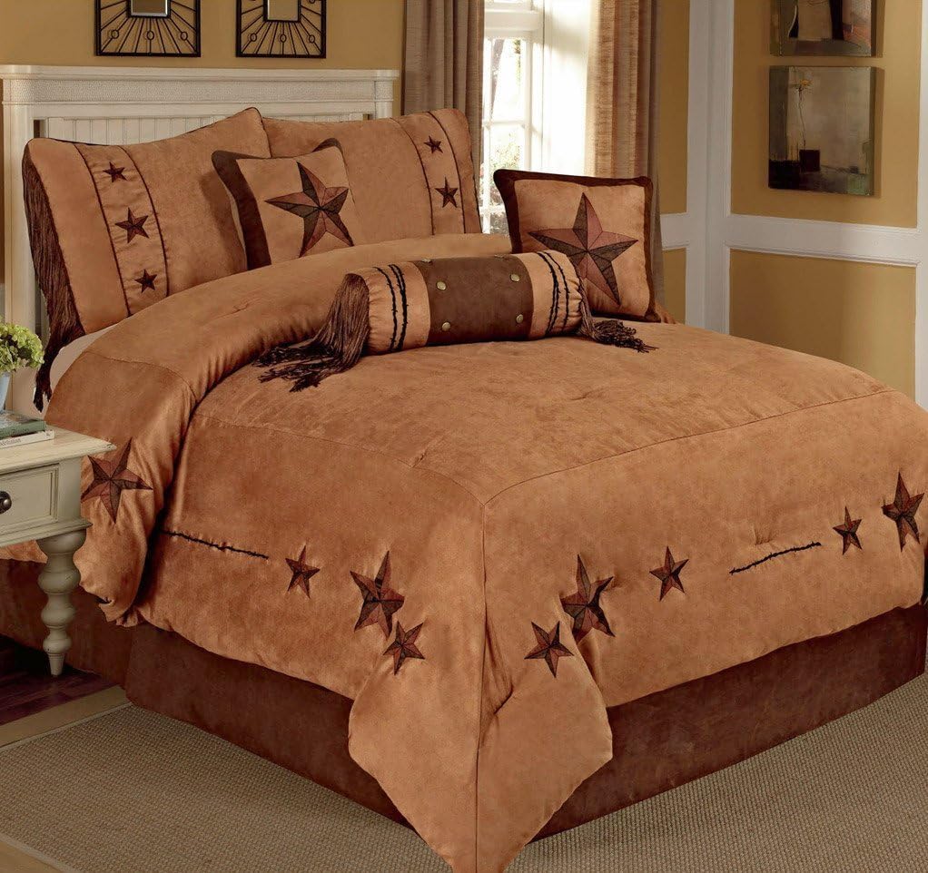 7 Pieces Luxury Western Lodge Oversize Comforter Set Camel Brown Lone Star Micro Suede Queen Size Bed in a Bag Bedding Nw