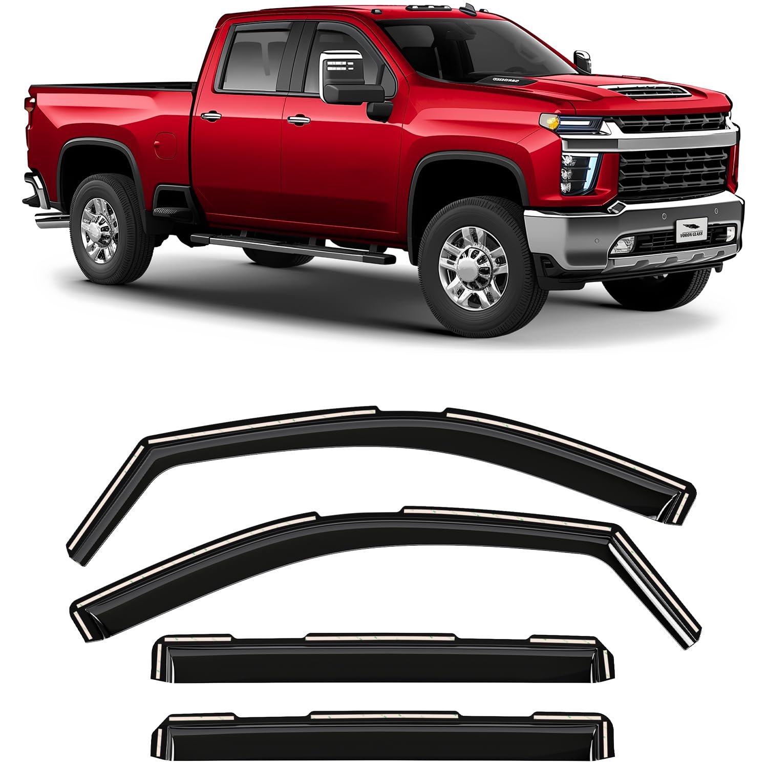Voron Glass in-Channel Extra Durable Rain Guards for Chevrolet (Chevy) Silverado/GMC Sierra 2500HD/3500HD 2020-2024 Crew Cab, Window Deflectors, Vent Window Visors, 4 Pieces - 200298