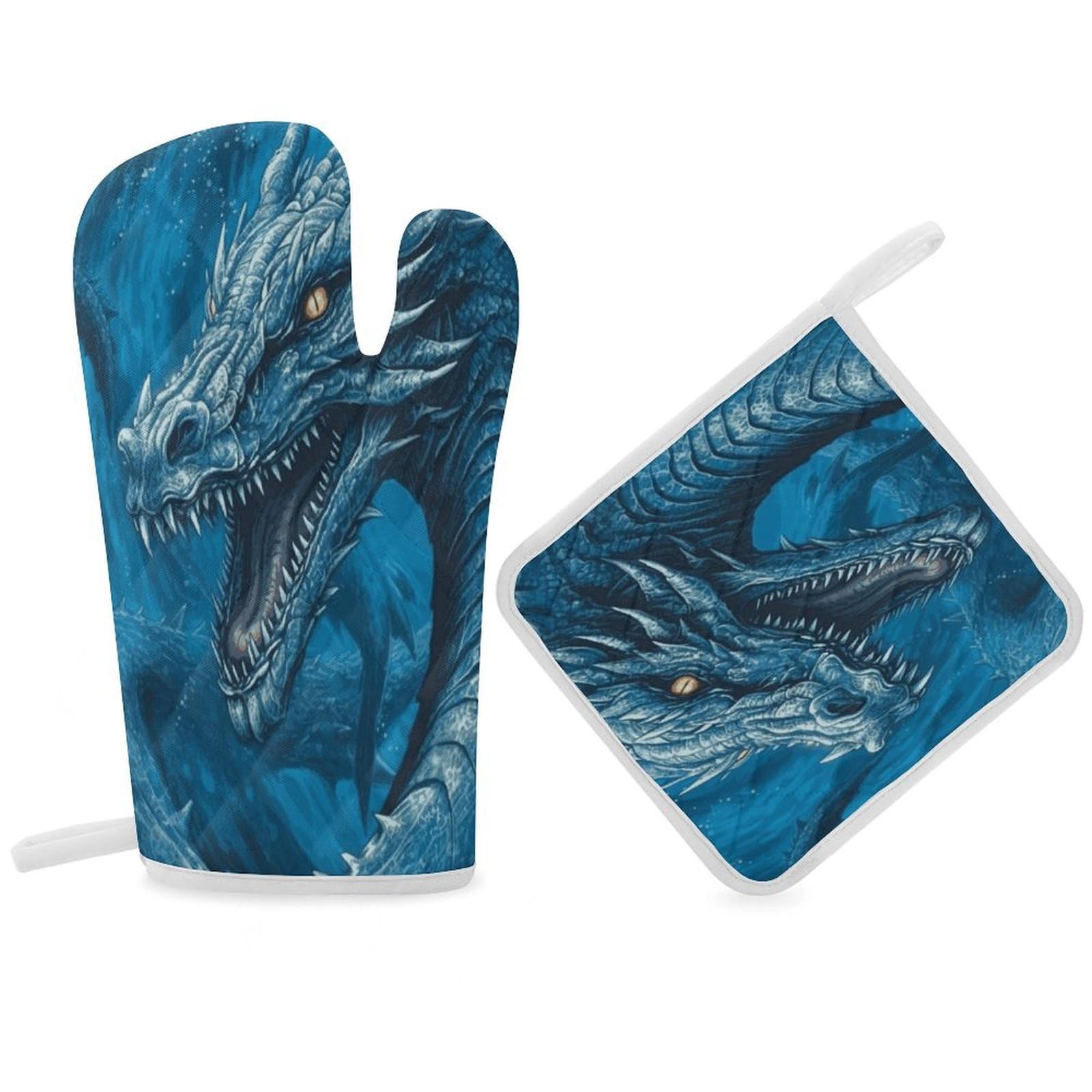 Dragon Cool Blue Oven Mitt Thick Substantial Heat Insulation Gloves Soft Skin-Friendly Temperature Resistant Oven Mitts for Cooking Lover Cooks