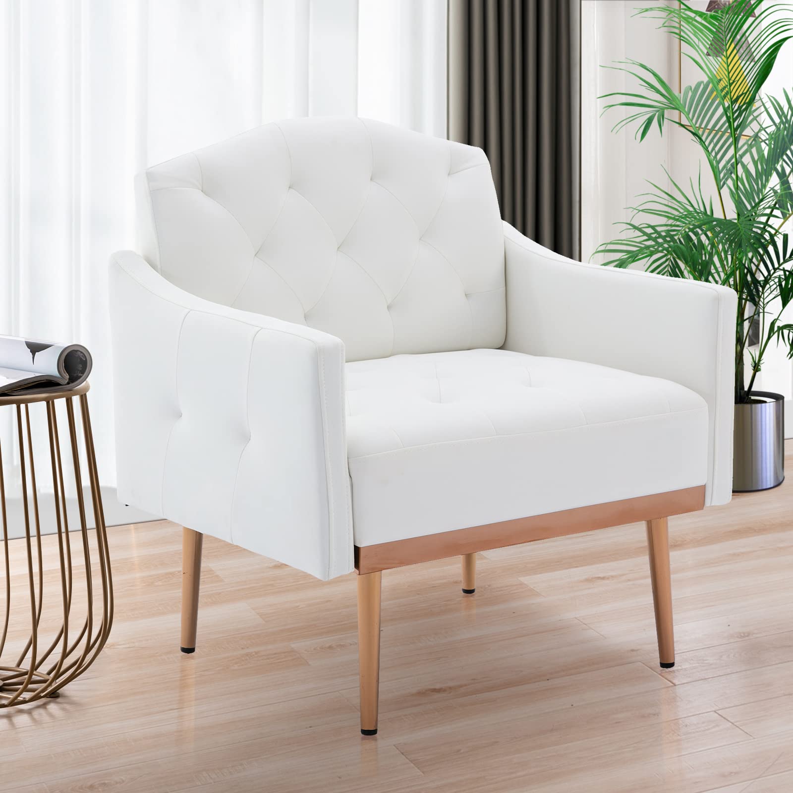 LETESA Tufted Accent Chair Leisure Single Sofa with Rose Golden Feet Upholstered Arm Club Leisure Modern Reading Chair for Living Room Bedroom Club Office (White, PU Leather)
