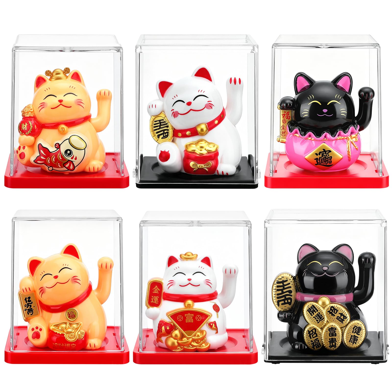 6 estatuas de gato de la suerte con brazo ondulante alimentado por energía solar, decoraciones vívidas y encantadoras de gato chino Maneki Neko Lucky Beckoning Feng Shui Fortuna Riqueza Gato