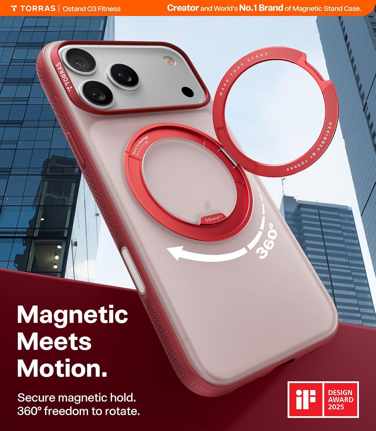 TORRAS 360 Magnetic Stand for iPhone 17 Pro Case, Ostand 3.0[Fit for MagSafe][4X Mil-Grade Shockproof] Rotatable Kickstand Protective Cover, Camera Control Button, Translucent Burgundy Red, O3 Fitness D-Burgundy Red For iPhone 17 Pro