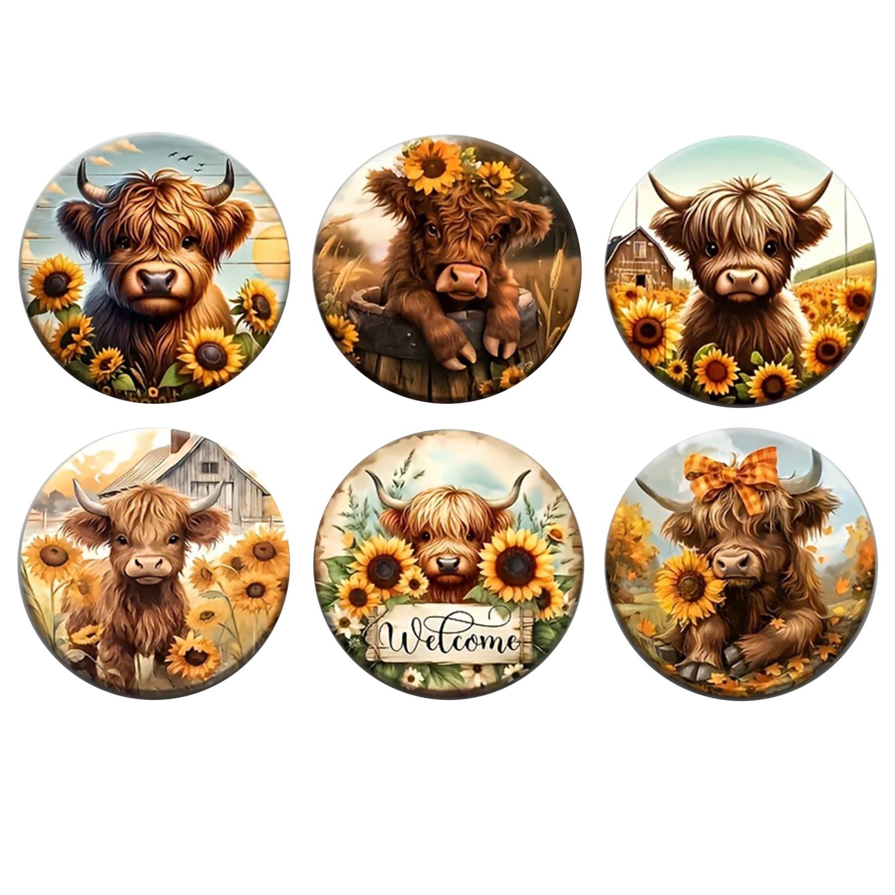 Wasise Highland Cow Coasters - Sunflower Cow Coasters, Highland Cow Gifts For Women, Car Coaster for Cup, Coaster Rustic Farm Animal Theme Heat-Resistant Cup Mats 4Inch, for Women Men Mom Her 6PS