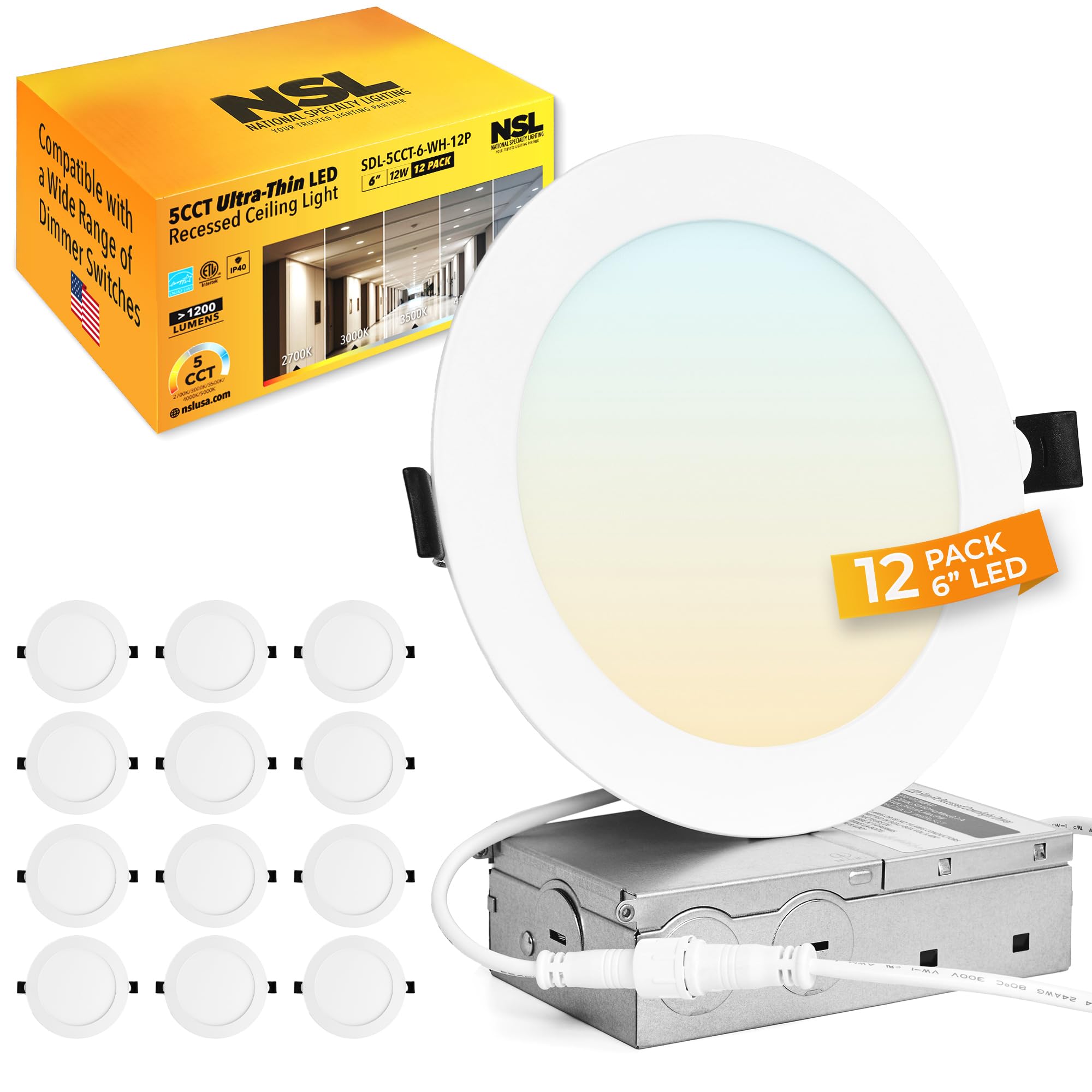 LED Recessed Lighting 6 Inch Downlight (12PK)-Spacious Junction Box(5 Knockout Holes)-Adjustable Color & Brightness (5CCT Dimmable Ceiling Light)-