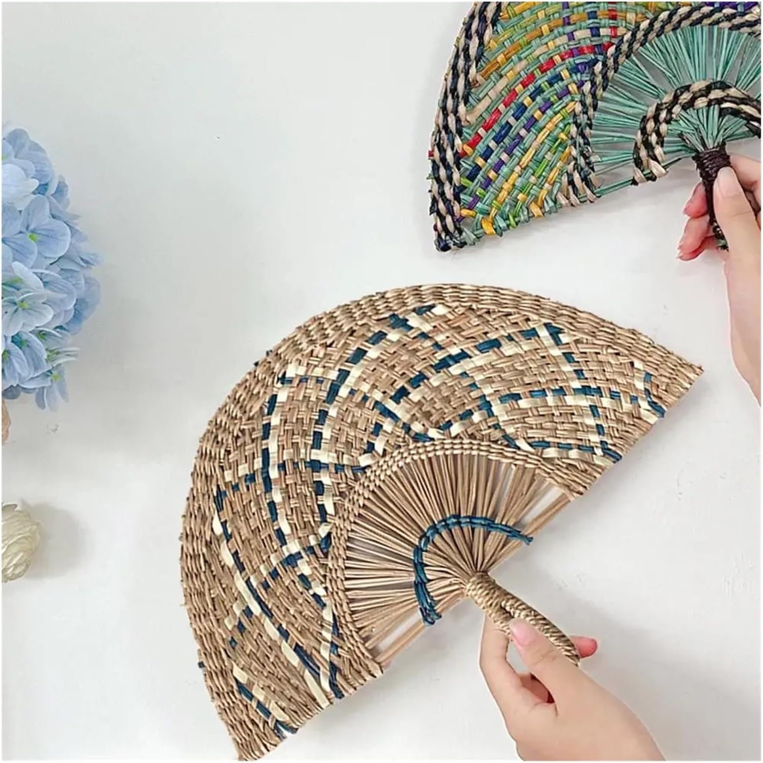 Handmade Fan Straw Weaving Handheld for Summer Semicircular Woven Palm Wedding