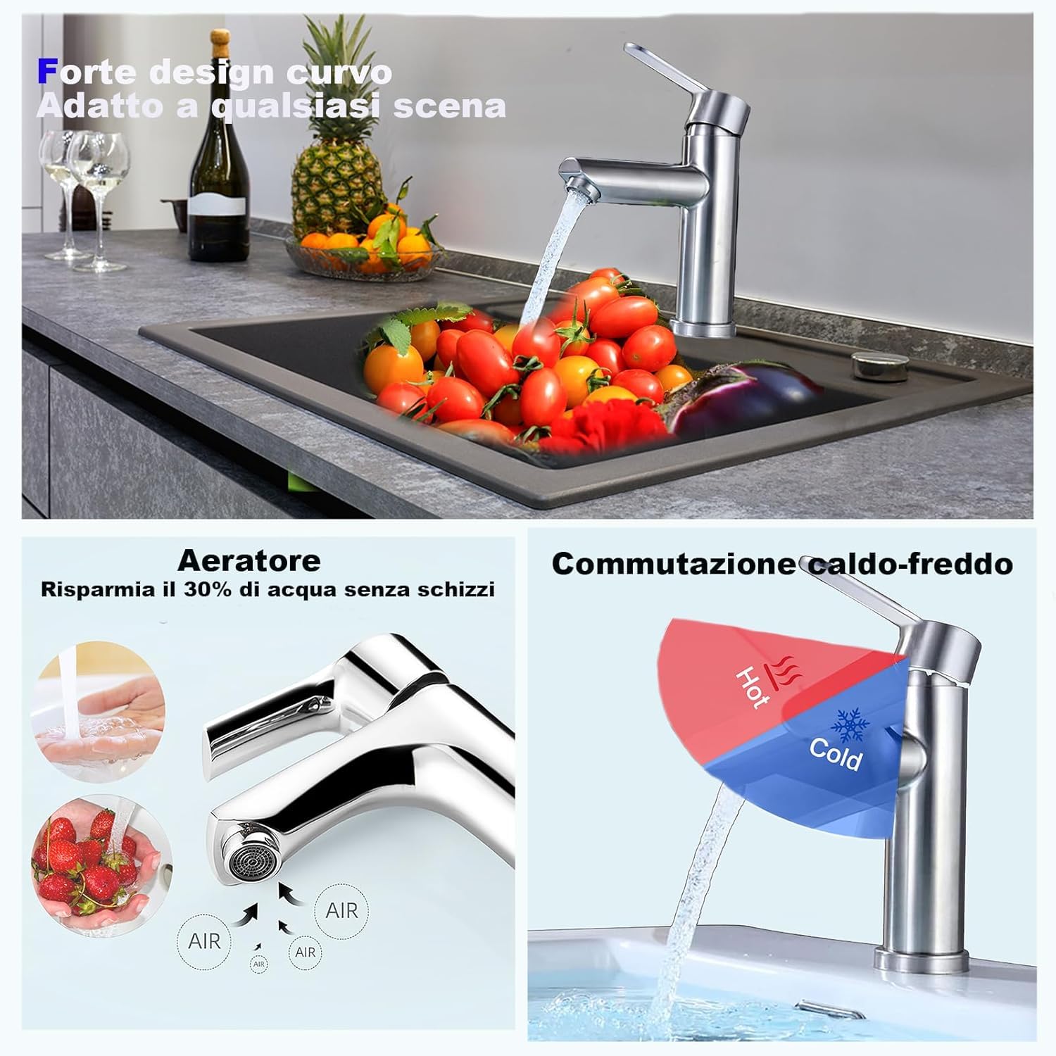 XWIHTR Rubinetti per lavabo e bagno caldi e freddi in acciaio inox, con risparmio idrico silenzioso e senza gocciolamento per bagno, lavabo, piccoli rubinetti da cucina (spazzolato)