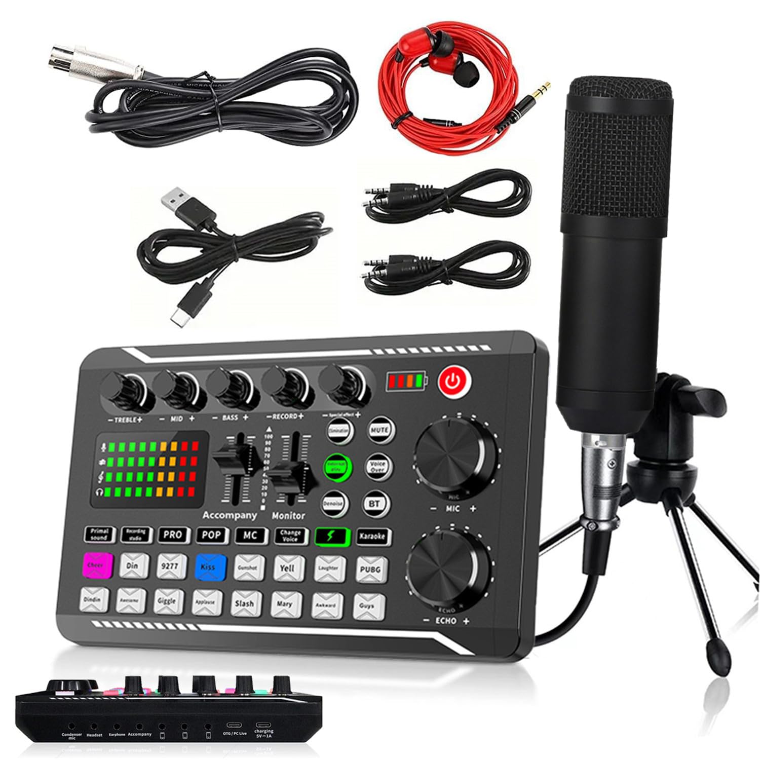 Kit Microfono Podcast BM-800 con Scheda Audio e Riduzione Rumore per Live | Cardioide, Condensatore, XLR, F998, Effetti sonori, Cambio voce, Plug and play, OTG, Multipiattaforma, Cavalletto