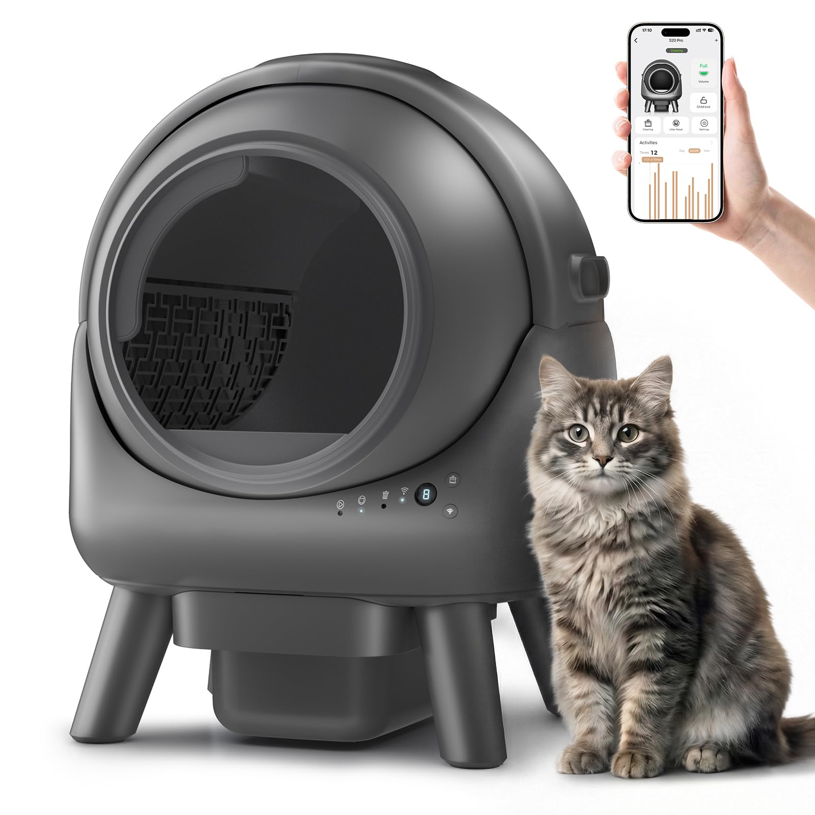 Beokeo Self Cleaning Litter Box, Automatic for Multiple Cats, APP Control & Safety Sensors, Large Opening, Odor-Free with 15-Day Waste Container, Includes Trash Bags, Gray