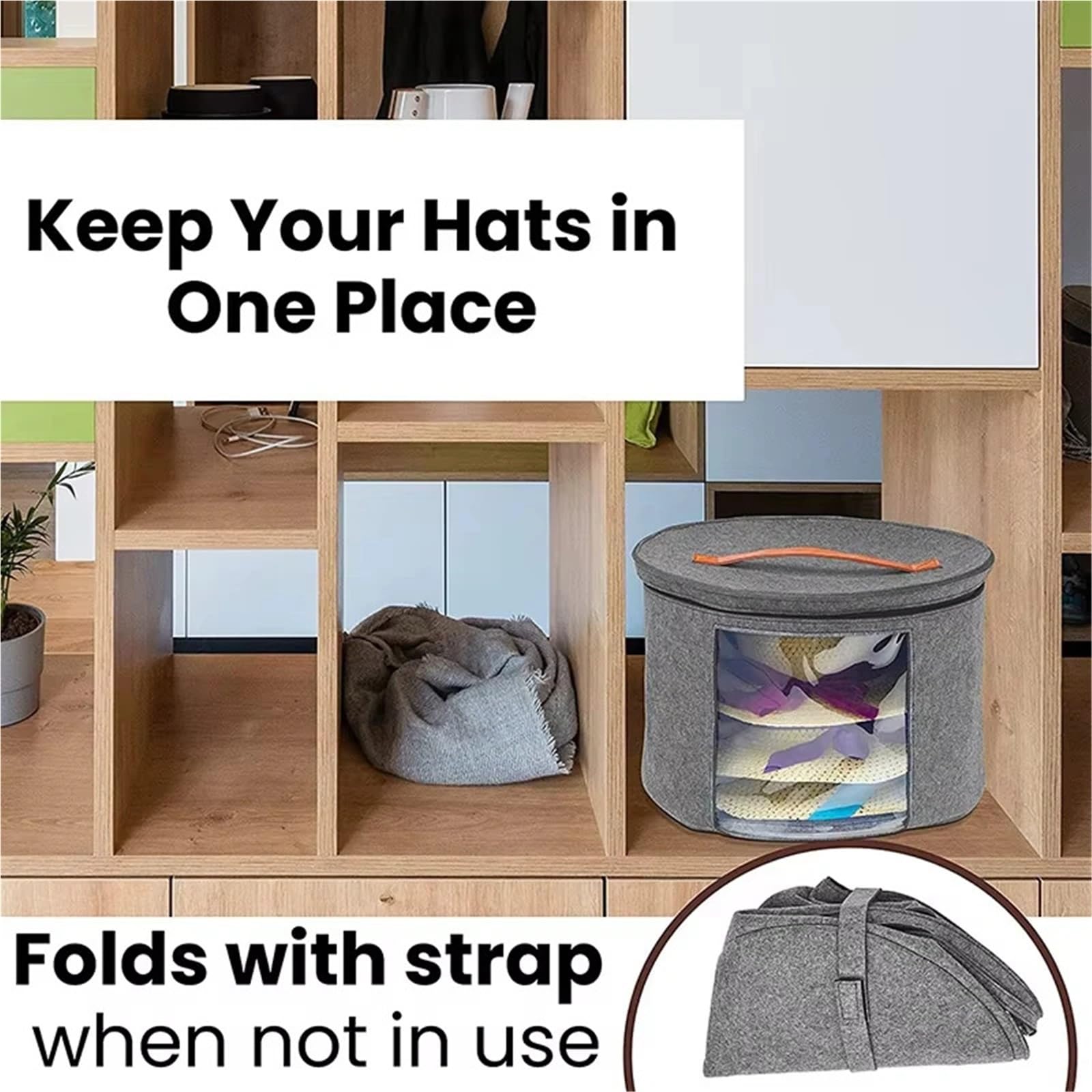 Caja de almacenamiento for sombreros, caja plegable fieltro, redonda apilable gran capacidad con tapa y cubierta antipolvo Para Sombrero(Light Gray,S)