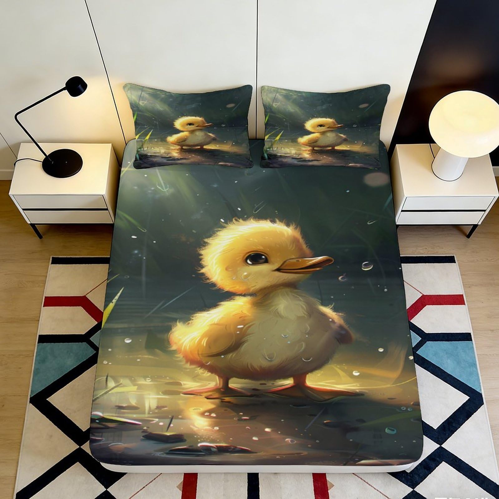 3D Printed Cute Duckling Fitted Sheet Microfiber Soft Waterproof Yellow Duck Mattress Cover for Bedroom Dorm Decor 90x200x25cm