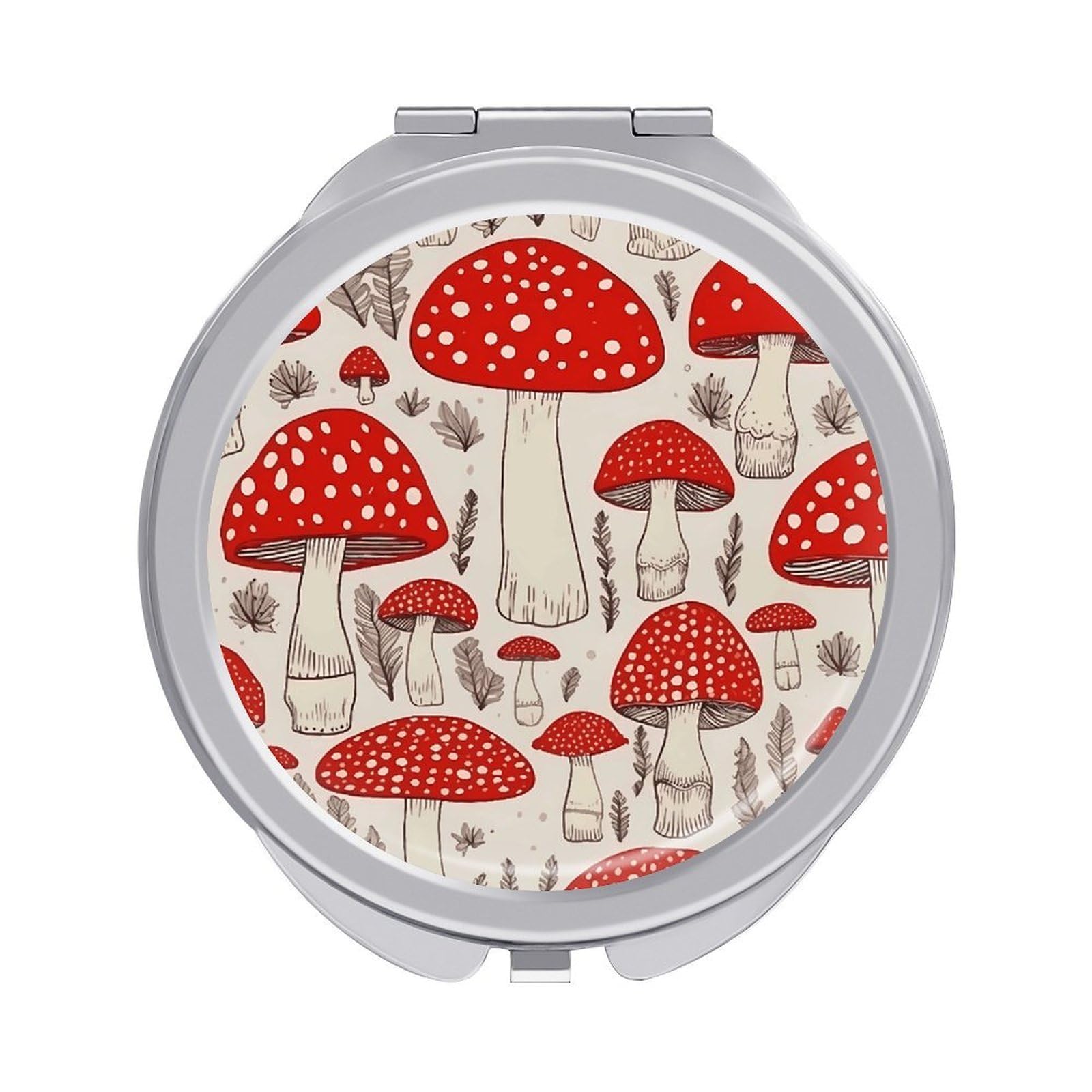 LZQPOEAS Red White Mushroom Compact Mirror, Double-Sided Folding Makeup Mirror, Durable Metal Travel Pocket Mirror for Purse, Portable Round Touch-Up Mirror for Table Gifts and Everyday Use