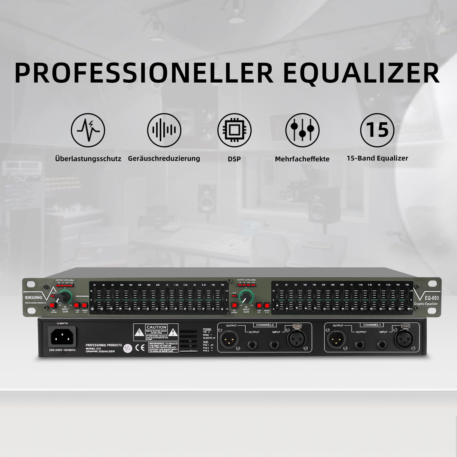 15-Band-EQ Stereo Grafik-Equalizer,2-Kanal Profi-DJ-Equalizer mit Rauschunterdrückung für Heimkino,Party,Bühne & Studio (Rackmount-fähig) EQ-693