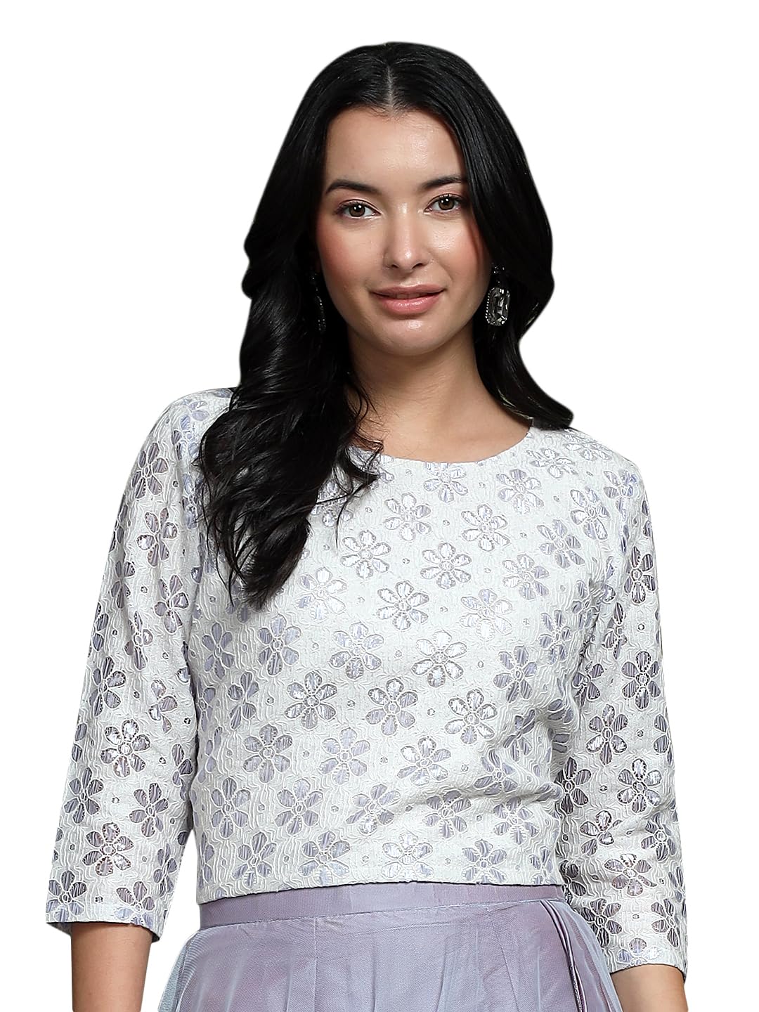 Frolic Rolic Blue Self Design Cut-Work Round Neck Boxy Fit 3/4th Sleeves Net Blouse-image-48