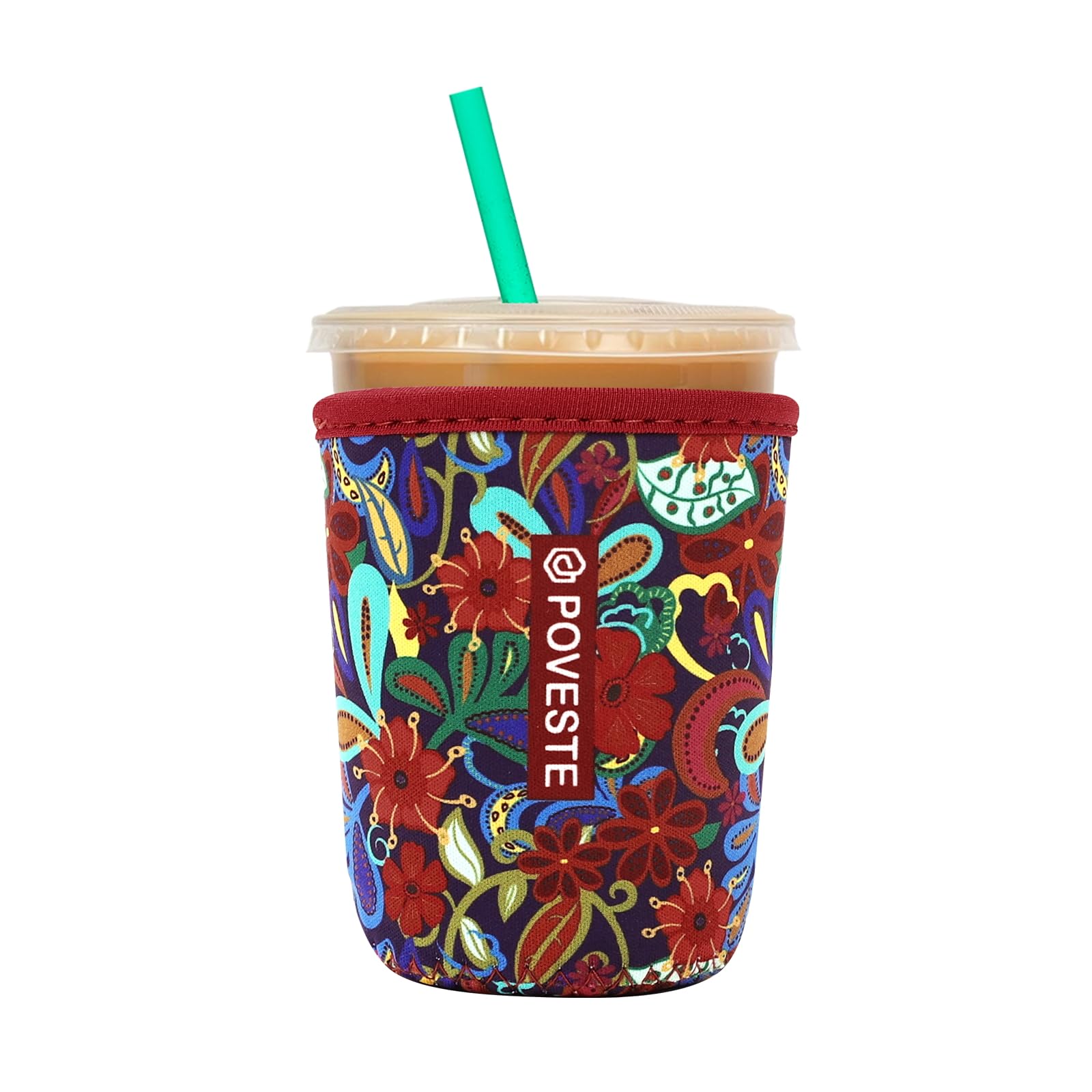 Reusable Neoprene Insulator Sleeve for Iced Coffee &amp; Cold Soda, Coffee Sleeves for Iced &amp; Hot Drinks, Cold Beverage Cooler Compatible with Starbucks, Dunkin (Tropical Flower, Small: 16-18oz)