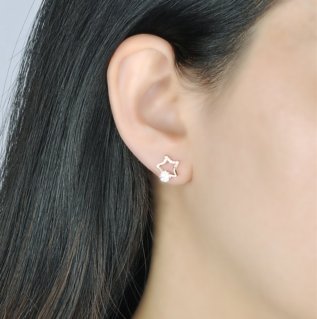 Pendientes Mujer Niña, Yumilok-Moda Pendientes con Brillantes Circontias Estrella y Luna, Oro Rosa S925 Plata de Ley